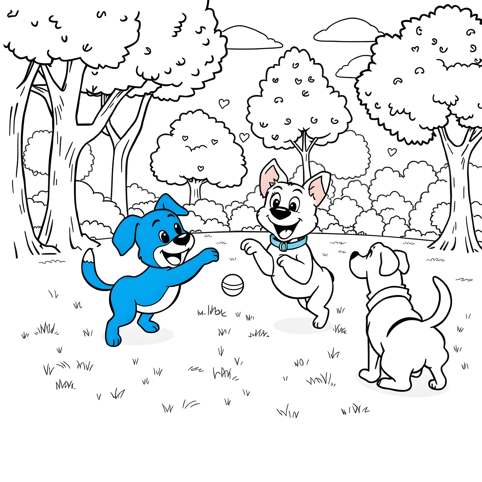 Bluey and Friends Playing in the Forest Coloring Page (free black-and-white line drawing printable PDF for all, from beginners to advanced learners, including children, teens, adults, and seniors)