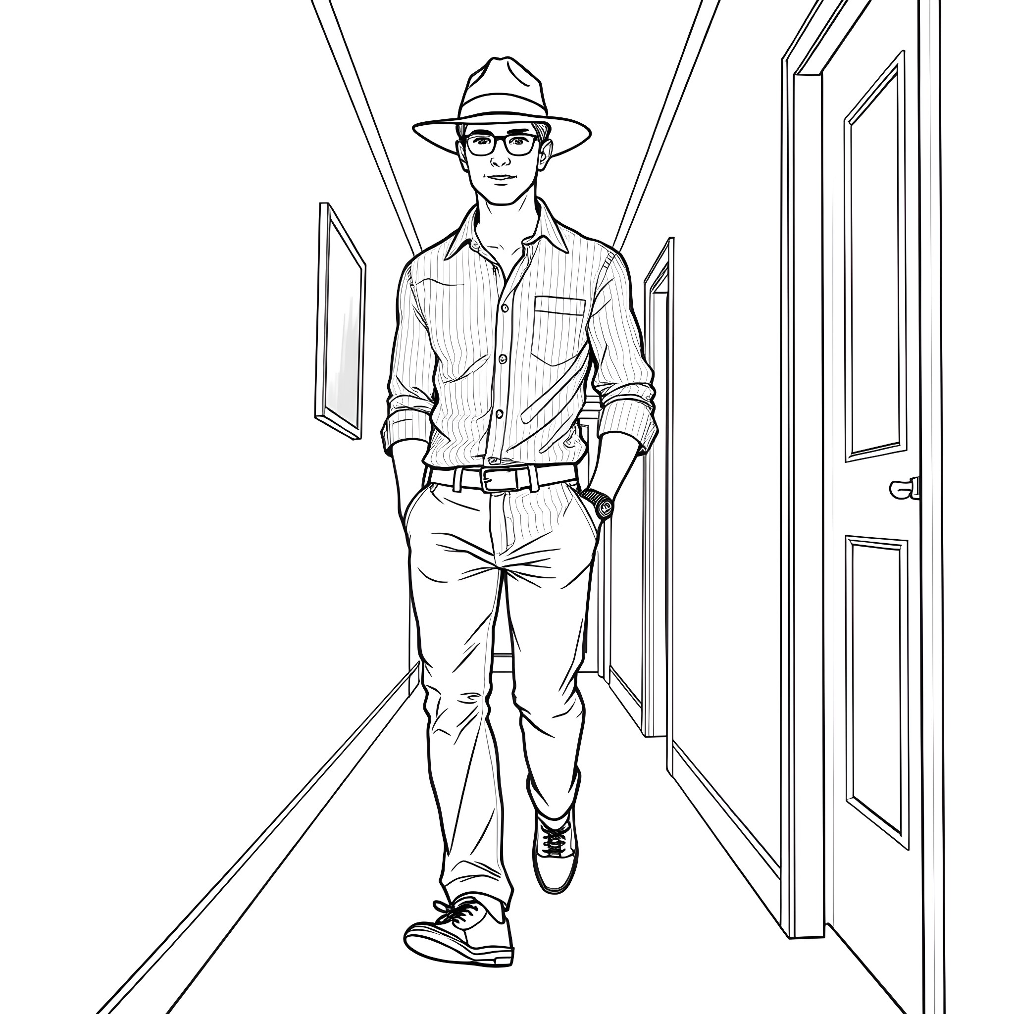 Teen Guy Walking Casually in Hallway Coloring Page (free black-and-white line drawing printable PDF for all, from beginners to advanced learners, including children, teens, adults, and seniors)