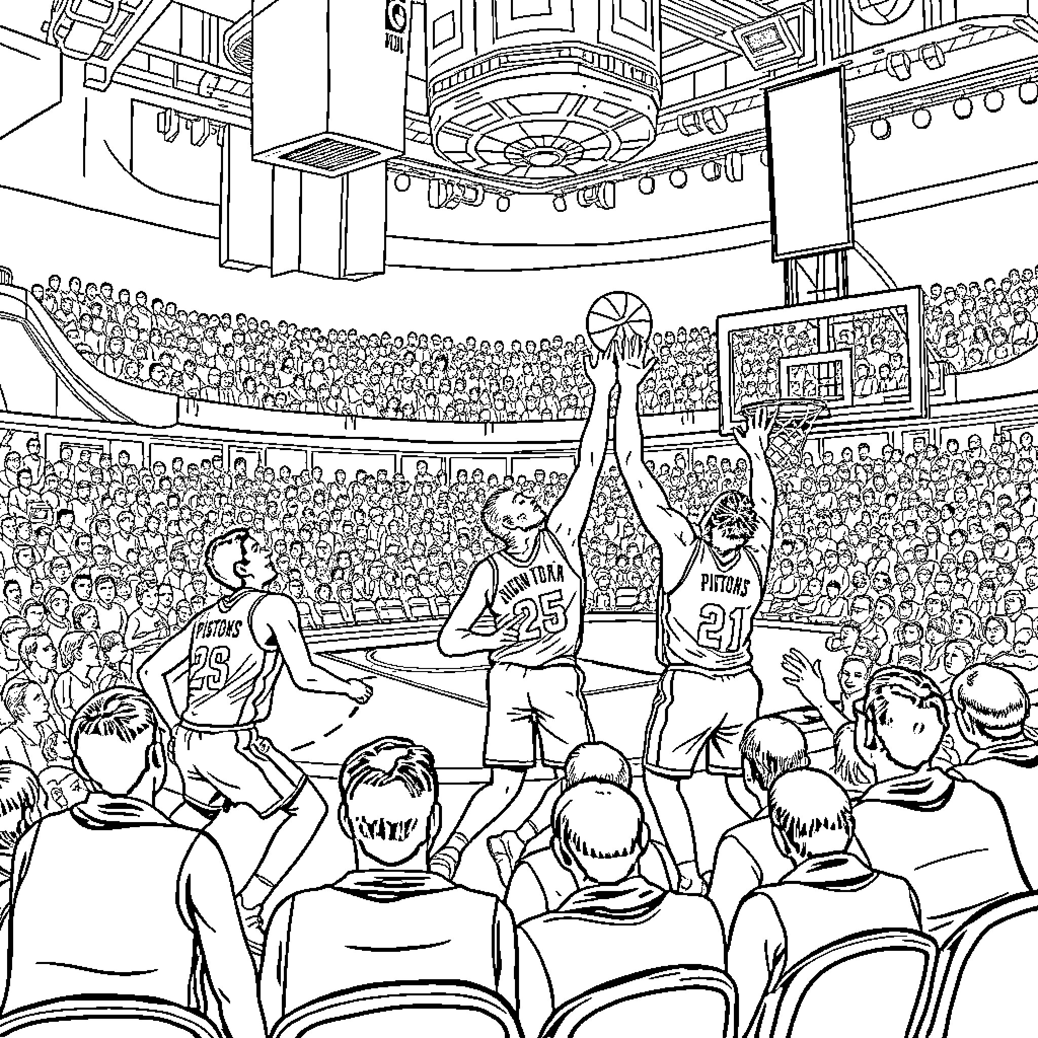 Detroit Pistons Basketball Game in Action-Packed Arena Coloring Page (free black-and-white line drawing printable PDF for all, from beginners to advanced learners, including children, teens, adults, and seniors)