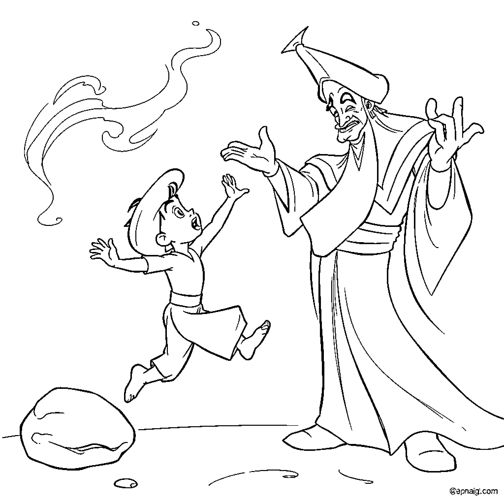 Aladdin's exciting encounter with the eccentric Genie Coloring Page (free black-and-white line drawing printable PDF for all, from beginners to advanced learners, including children, teens, adults, and seniors)