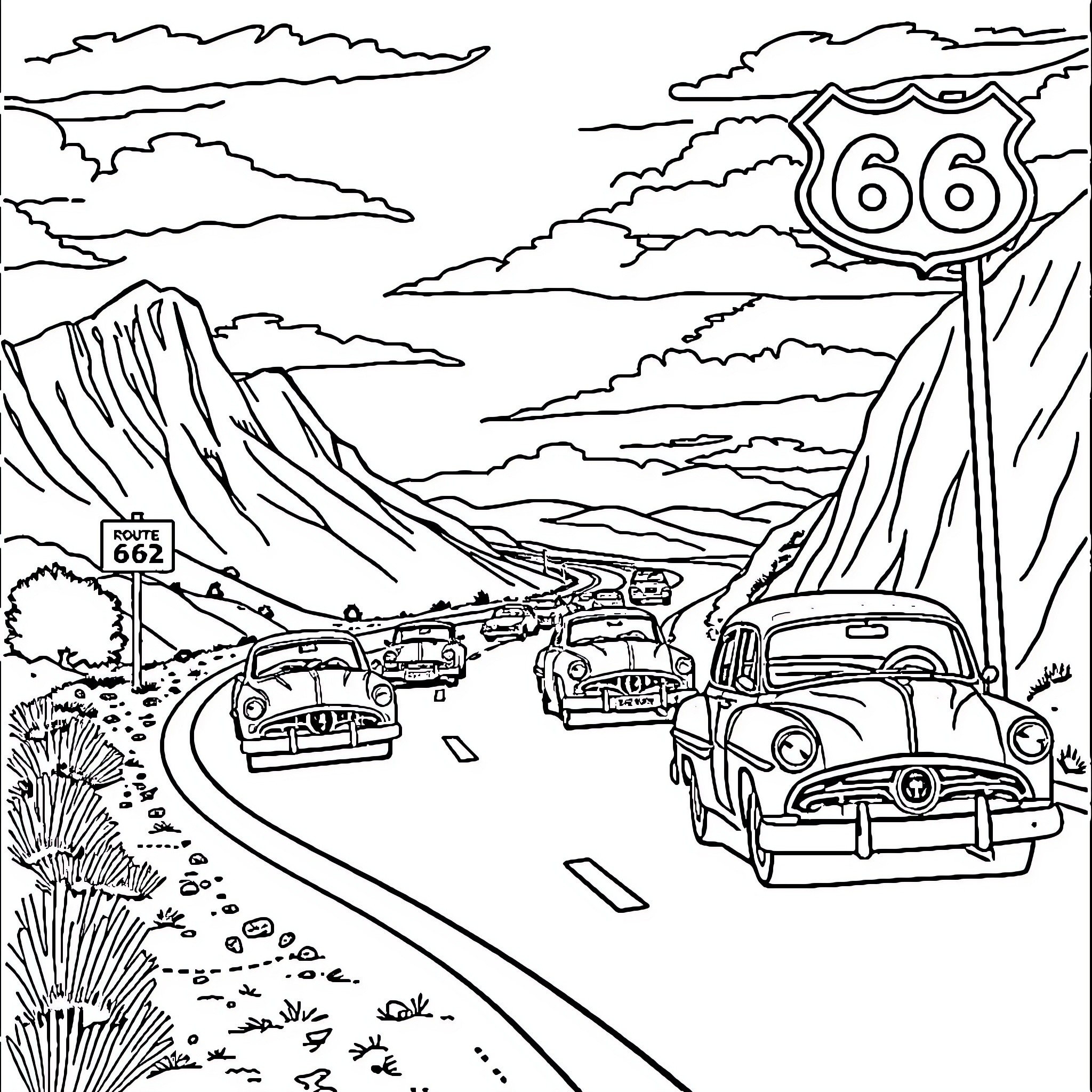 Cars driving on Route 66 through scenic landscape Coloring Page (free black-and-white line drawing printable PDF for all, from beginners to advanced learners, including children, teens, adults, and seniors)