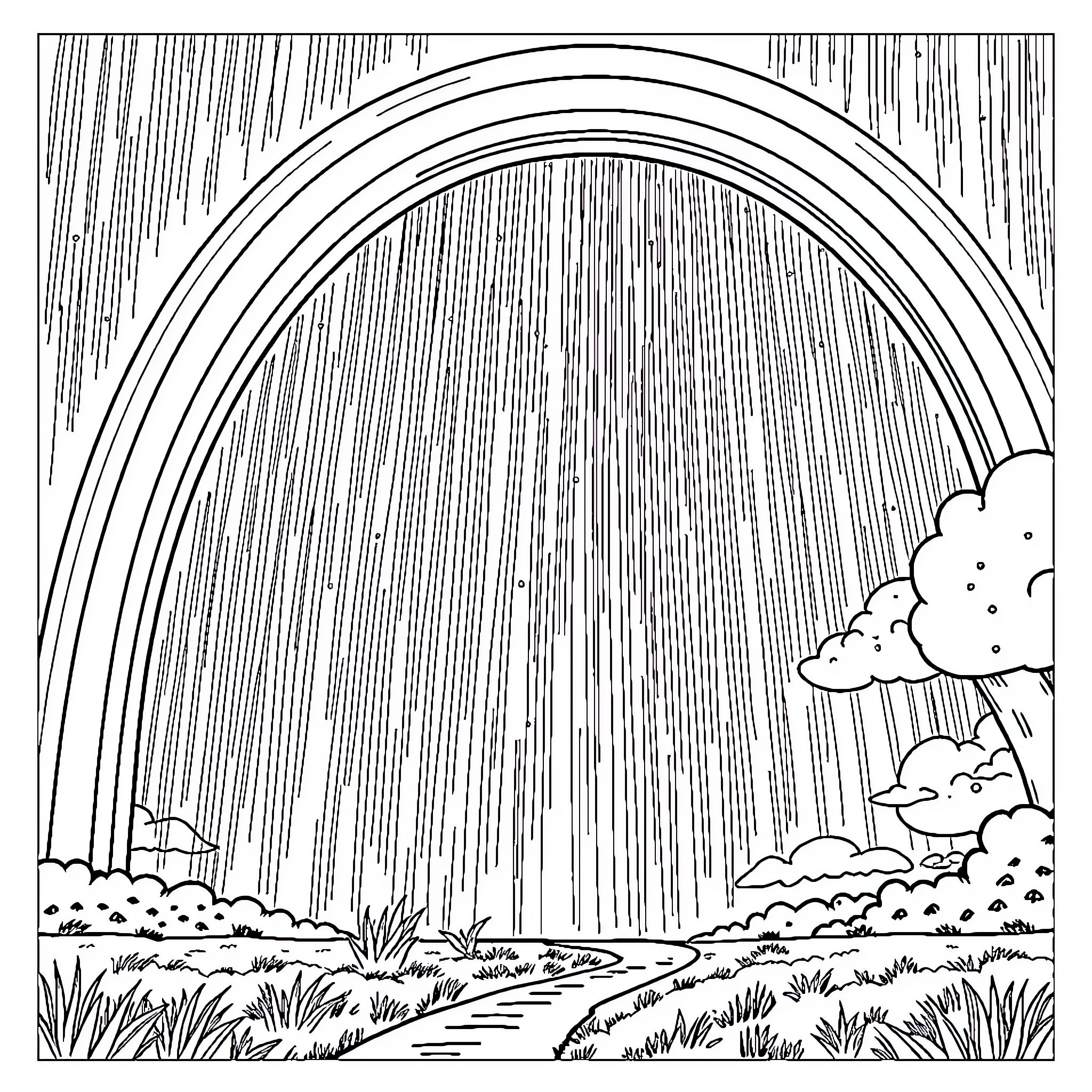 Rainbow Landscape with Winding Path Coloring Page (free black-and-white line drawing printable PDF for all, from beginners to advanced learners, including children, teens, adults, and seniors)