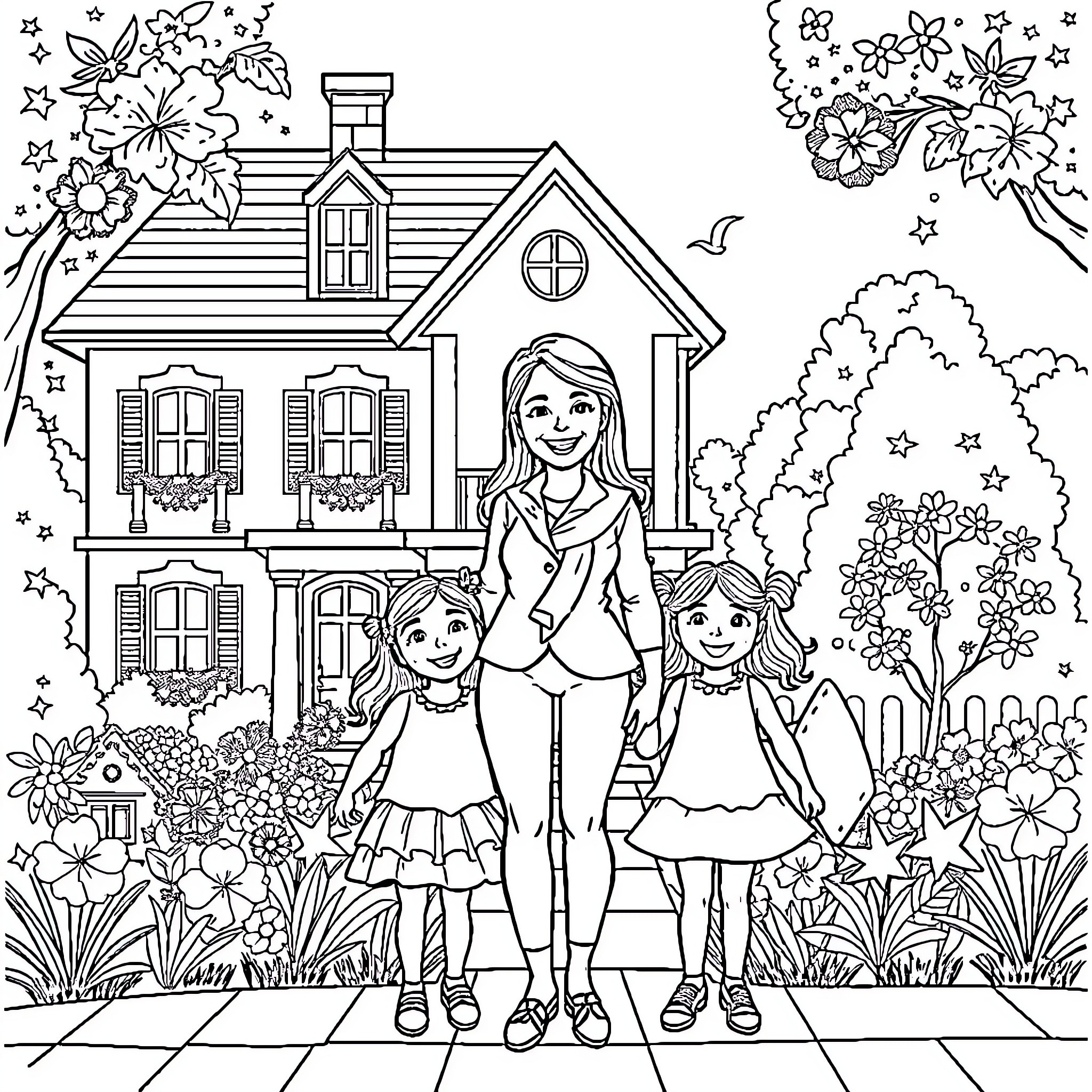 Mother and daughters posing outside their cozy home Coloring Page (free black-and-white line drawing printable PDF for all, from beginners to advanced learners, including children, teens, adults, and seniors)