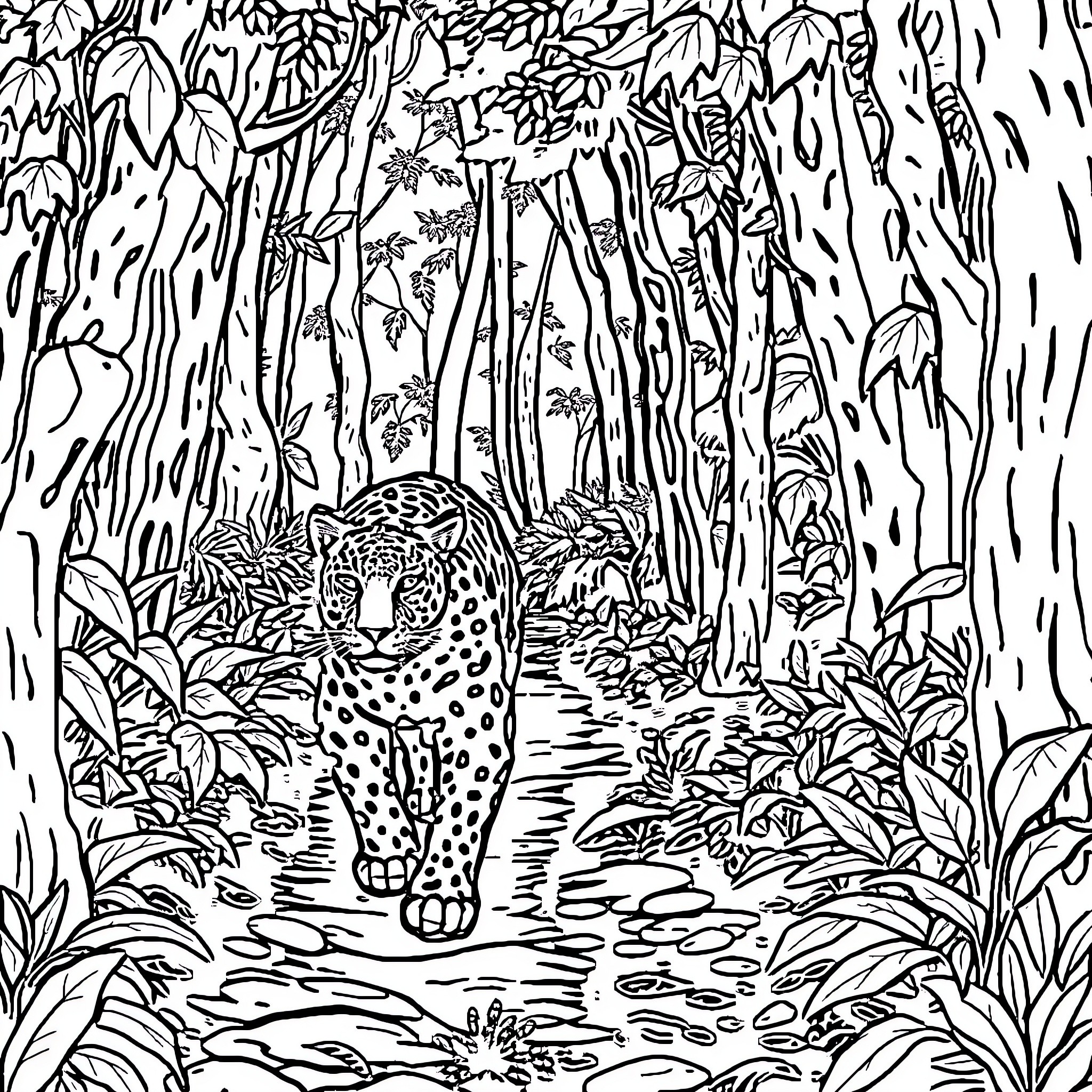 Jaguar prowling through lush jungle foliage Coloring Page (free black-and-white line drawing printable PDF for all, from beginners to advanced learners, including children, teens, adults, and seniors)