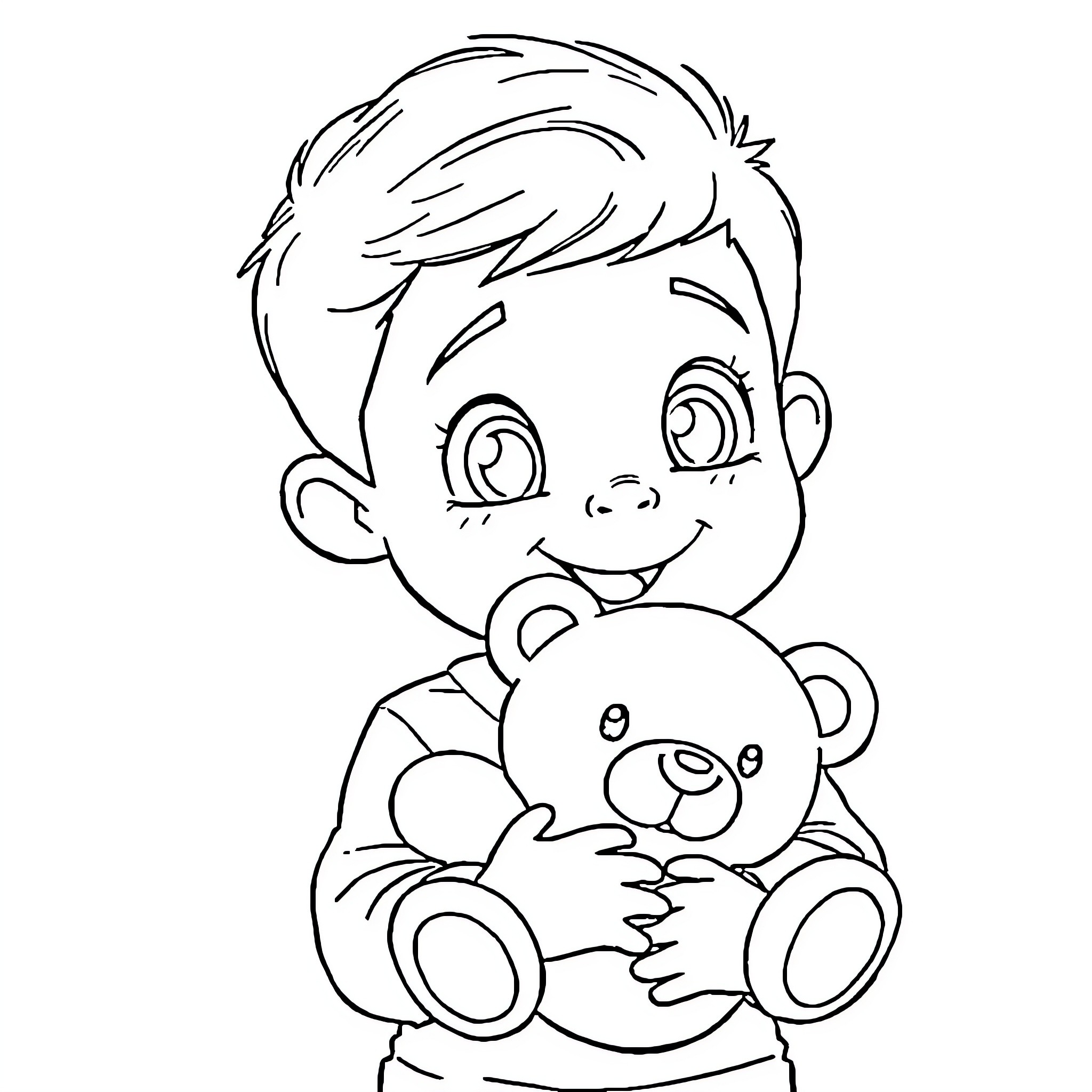 Simon Sprunki playing with a cute teddy bear Coloring Page (free black-and-white line drawing printable PDF for all, from beginners to advanced learners, including children, teens, adults, and seniors)