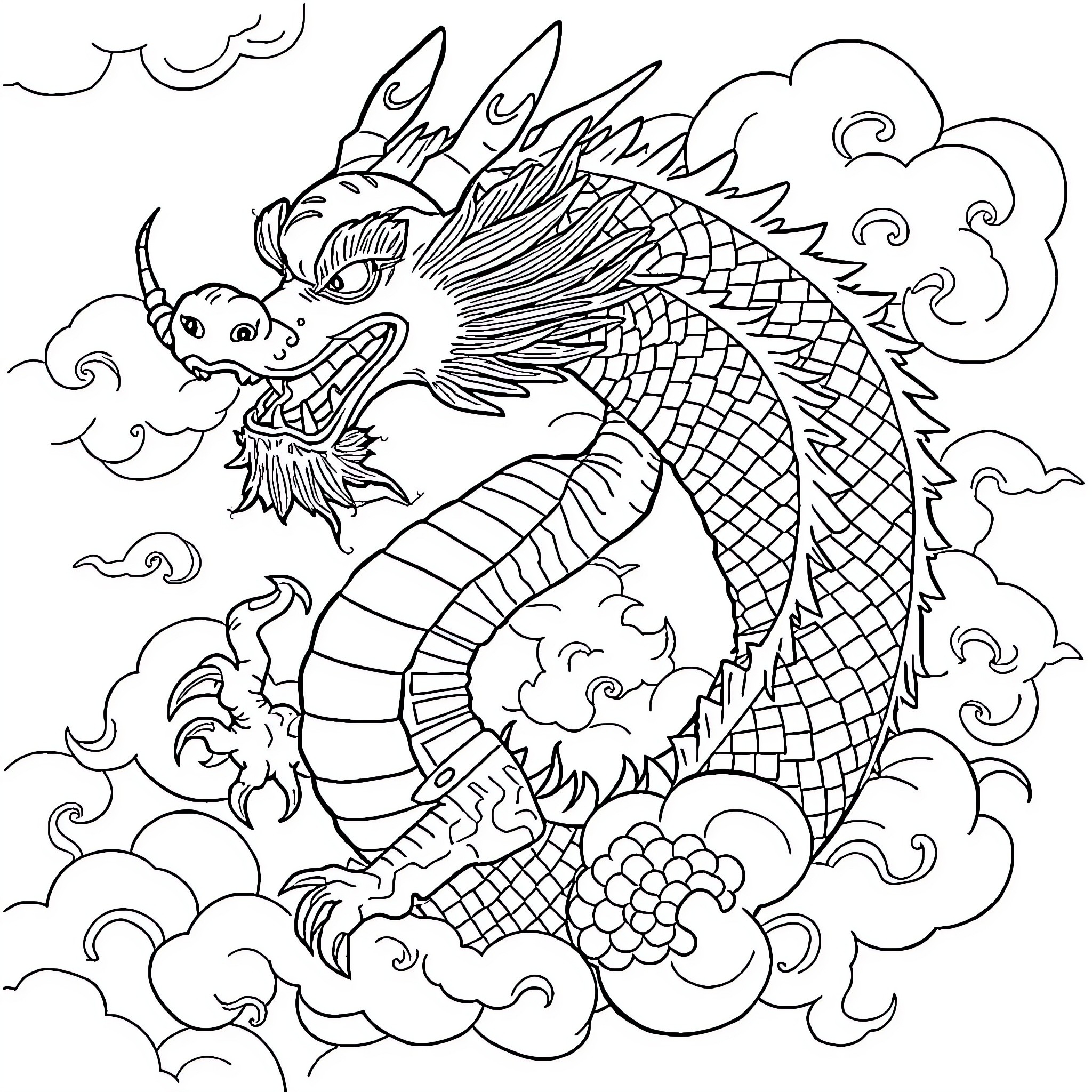 Dragon soaring through cloudy skies Coloring Page (free black-and-white line drawing printable PDF for all, from beginners to advanced learners, including children, teens, adults, and seniors)