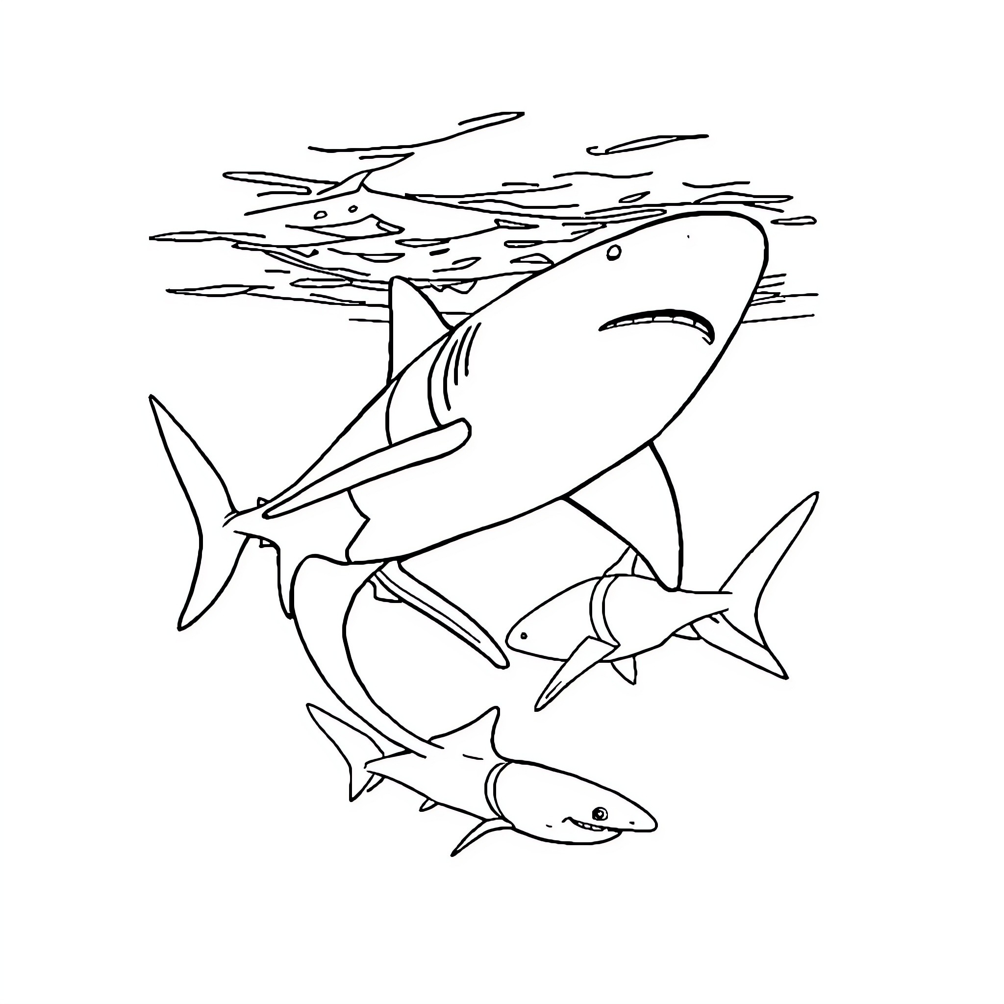 Shark swimming in the ocean with friends Coloring Page (free black-and-white line drawing printable PDF for all, from beginners to advanced learners, including children, teens, adults, and seniors)