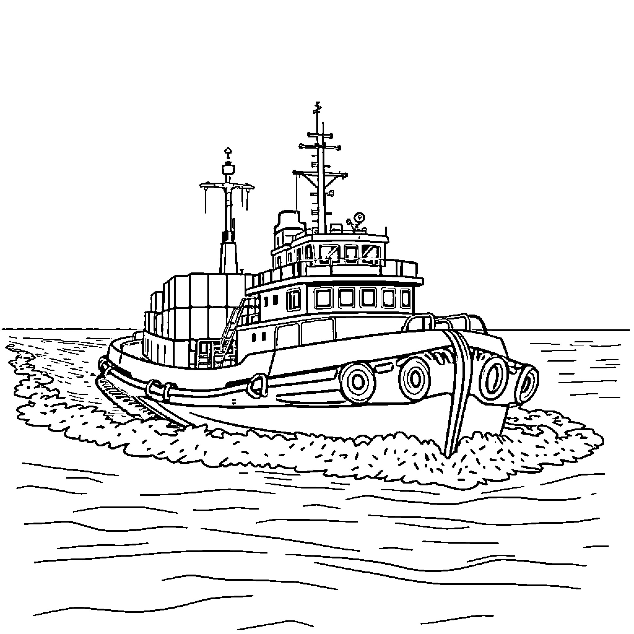Tugboat working on the open waters Coloring Page (free black-and-white line drawing printable PDF for all, from beginners to advanced learners, including children, teens, adults, and seniors)