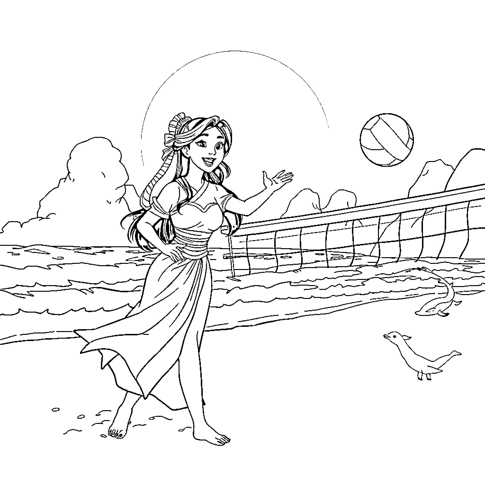 Princess Enjoying a Beach Day Coloring Page (free black-and-white line drawing printable PDF for all, from beginners to advanced learners, including children, teens, adults, and seniors)