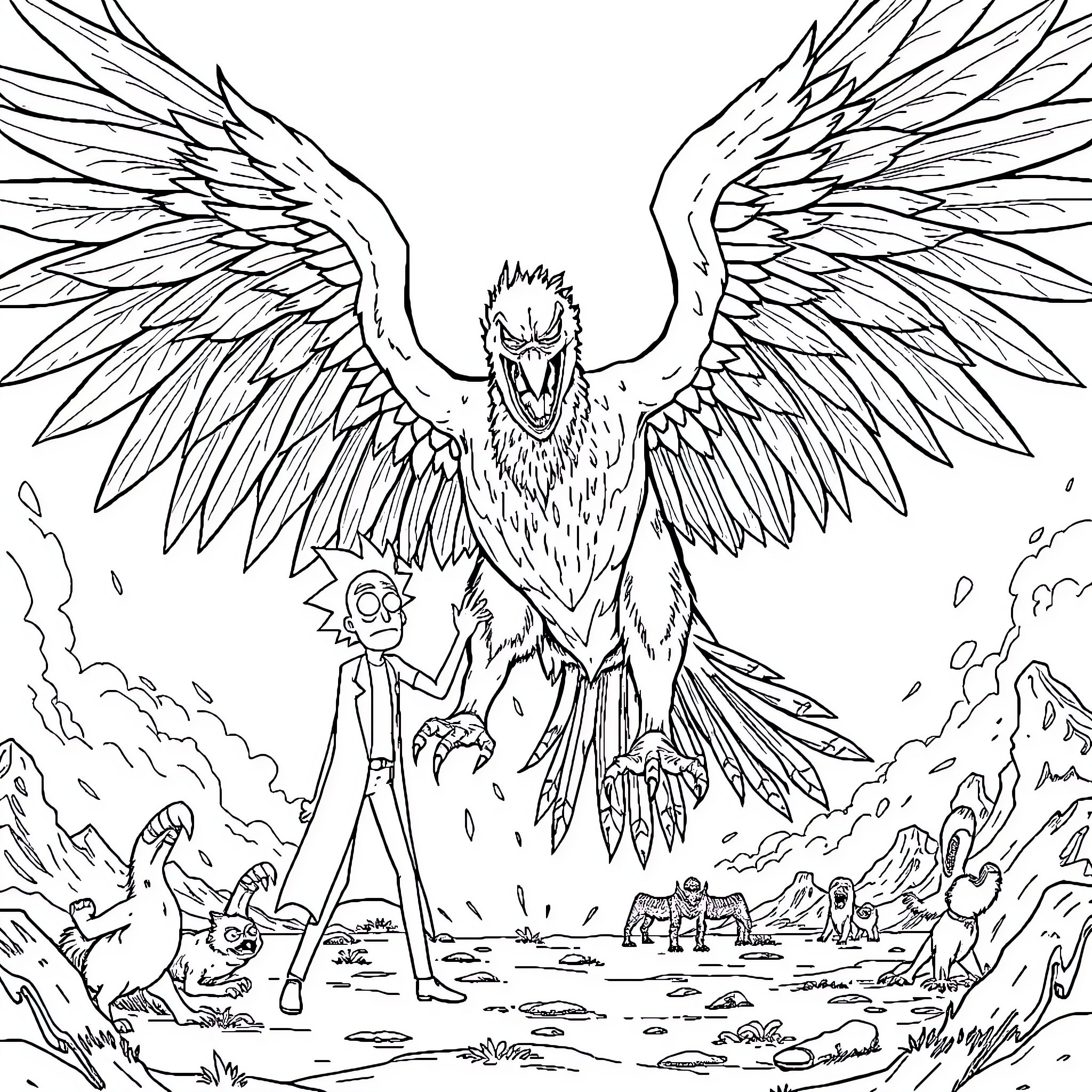 Rick And Morty encounter a colossal winged creature Coloring Page (free black-and-white line drawing printable PDF for all, from beginners to advanced learners, including children, teens, adults, and seniors)