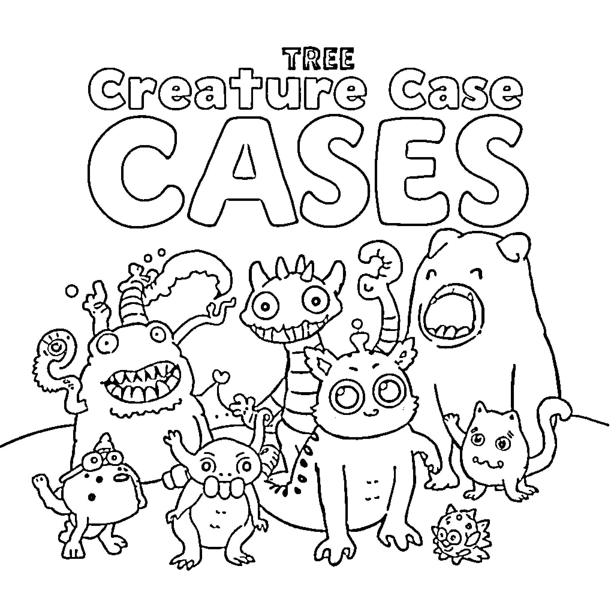 Creature Cases Featuring Strange Creatures Coloring Page (free black-and-white line drawing printable PDF for all, from beginners to advanced learners, including children, teens, adults, and seniors)