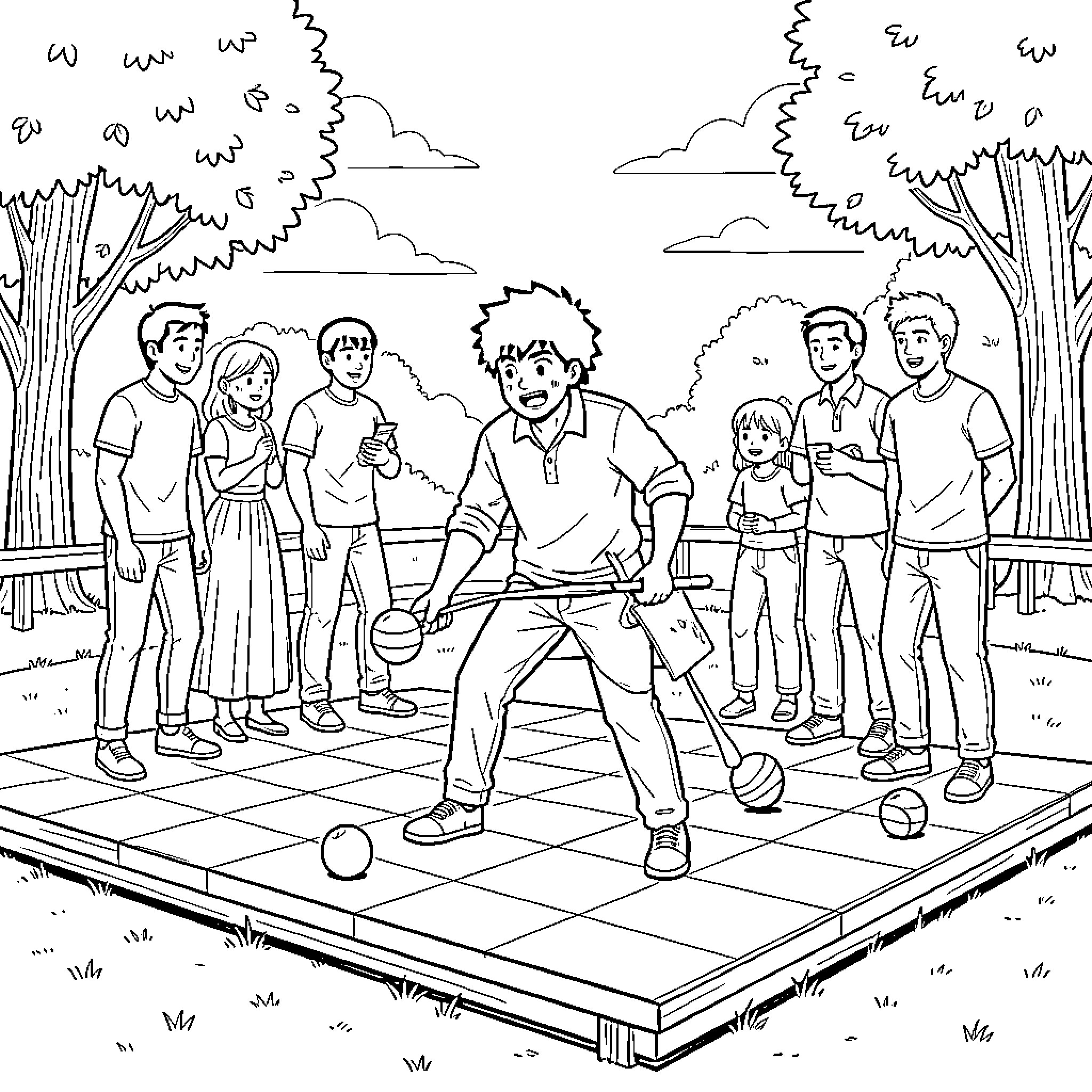 Sangoku playing a game on a platform with friends Coloring Page (free black-and-white line drawing printable PDF for all, from beginners to advanced learners, including children, teens, adults, and seniors)