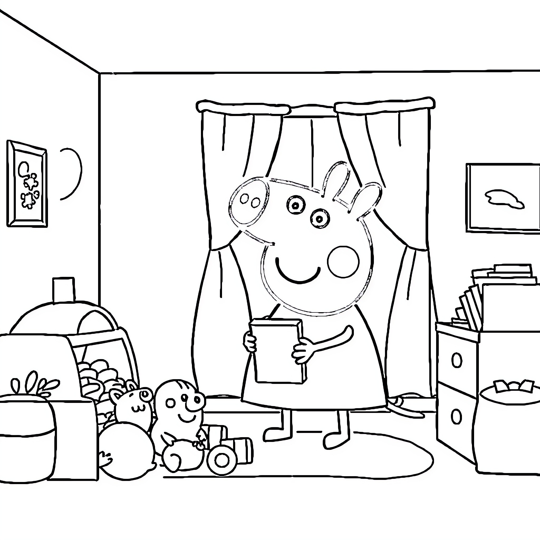 Peppa Pig playing with toys in her bedroom Coloring Page (free black-and-white line drawing printable PDF for all, from beginners to advanced learners, including children, teens, adults, and seniors)