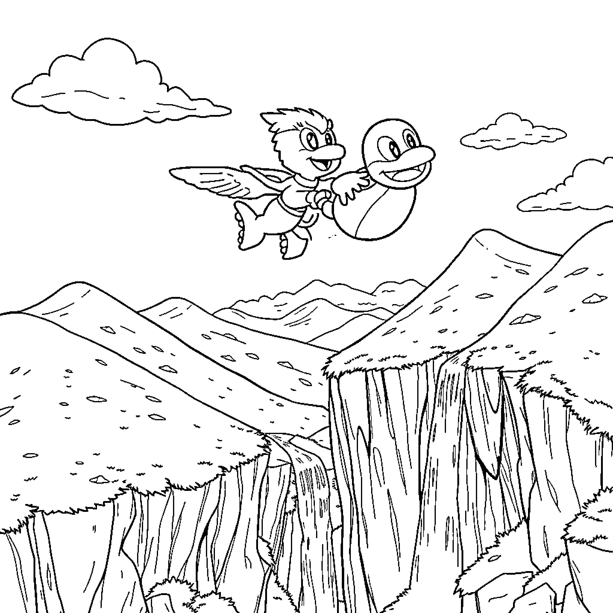 Banjo-Kazooie flying over mountainous landscape Coloring Page (free black-and-white line drawing printable PDF for all, from beginners to advanced learners, including children, teens, adults, and seniors)