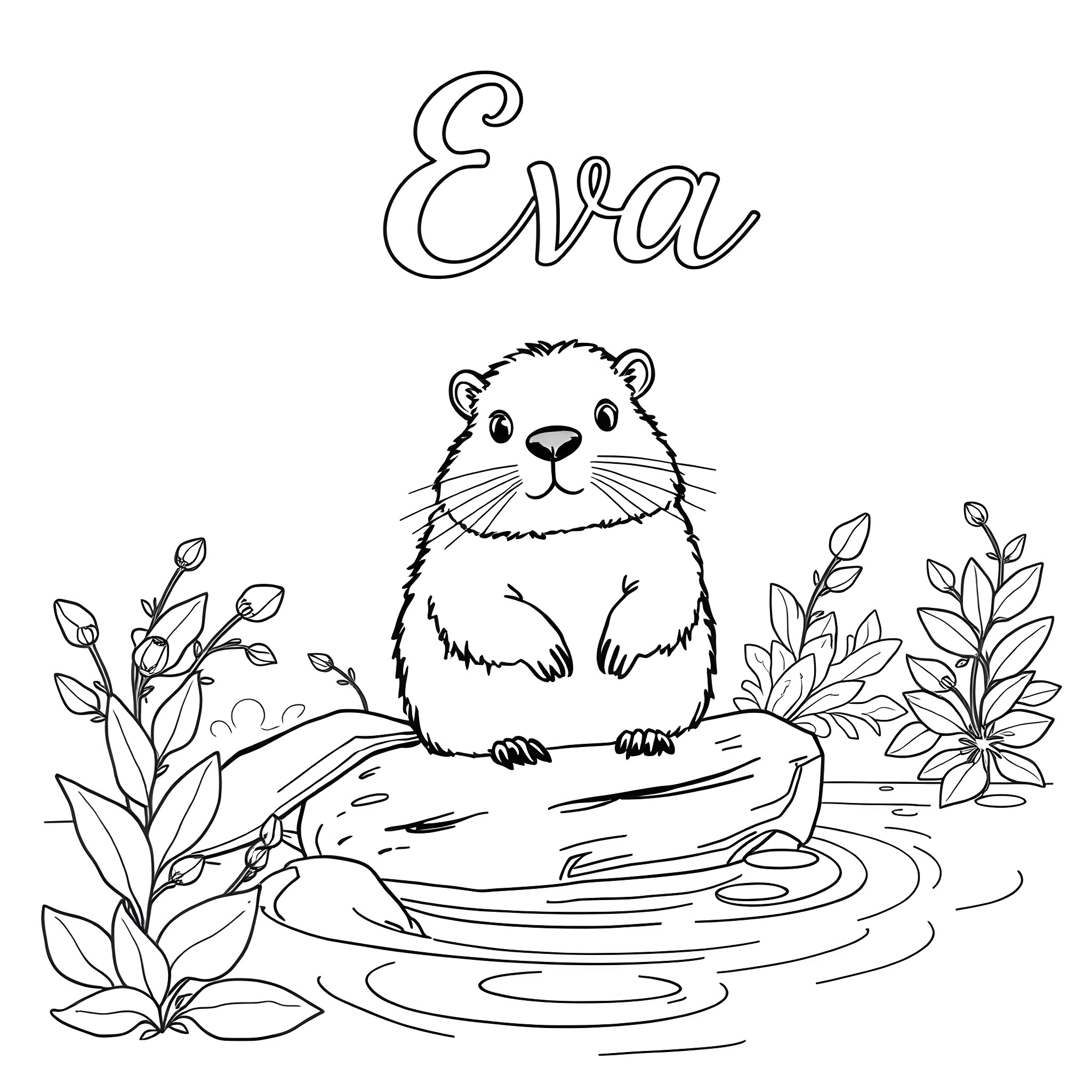 Beaver enjoying nature with flora and water Coloring Page (free black-and-white line drawing printable PDF for all, from beginners to advanced learners, including children, teens, adults, and seniors)