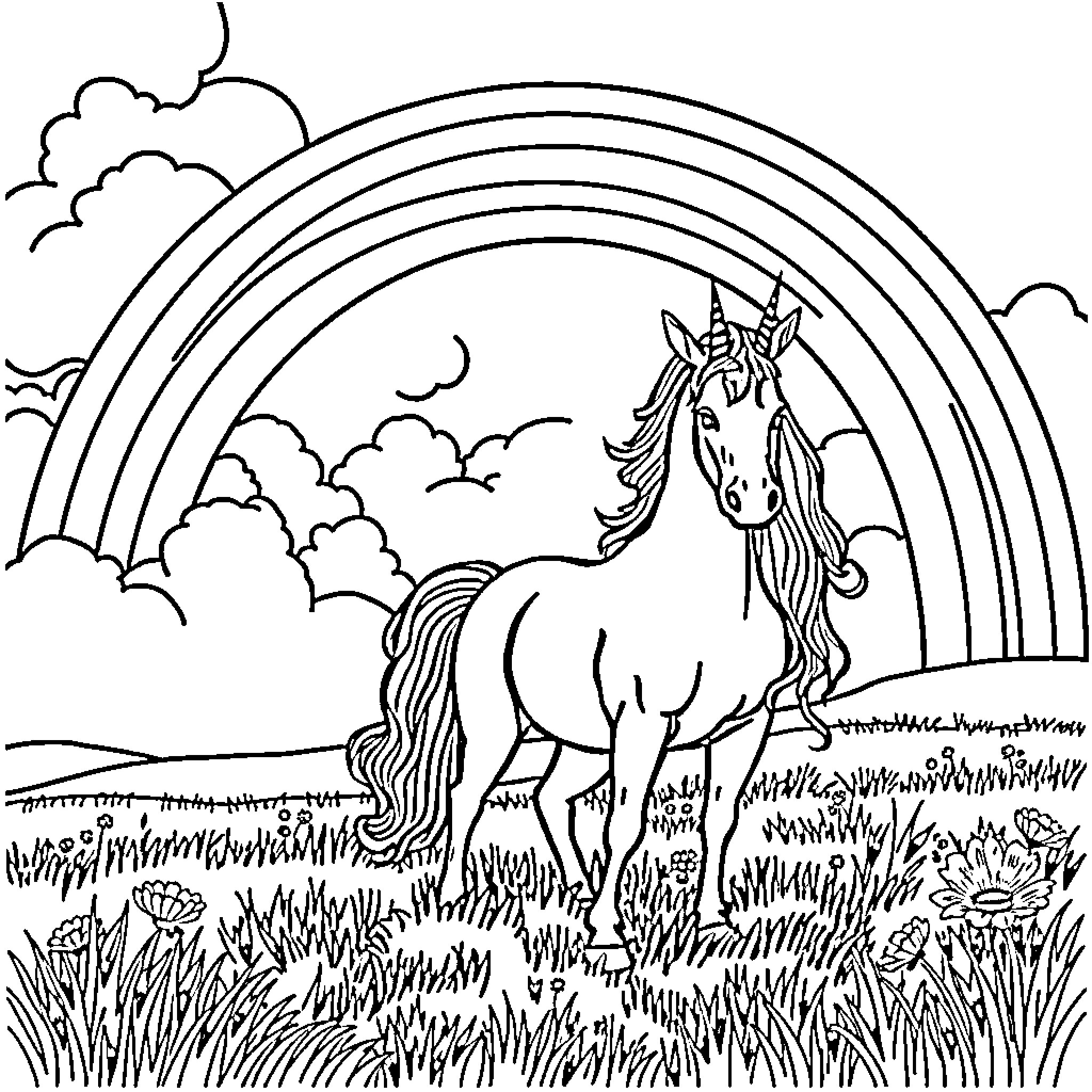 Unicorn standing in a field under a rainbow Coloring Page (free black-and-white line drawing printable PDF for all, from beginners to advanced learners, including children, teens, adults, and seniors)