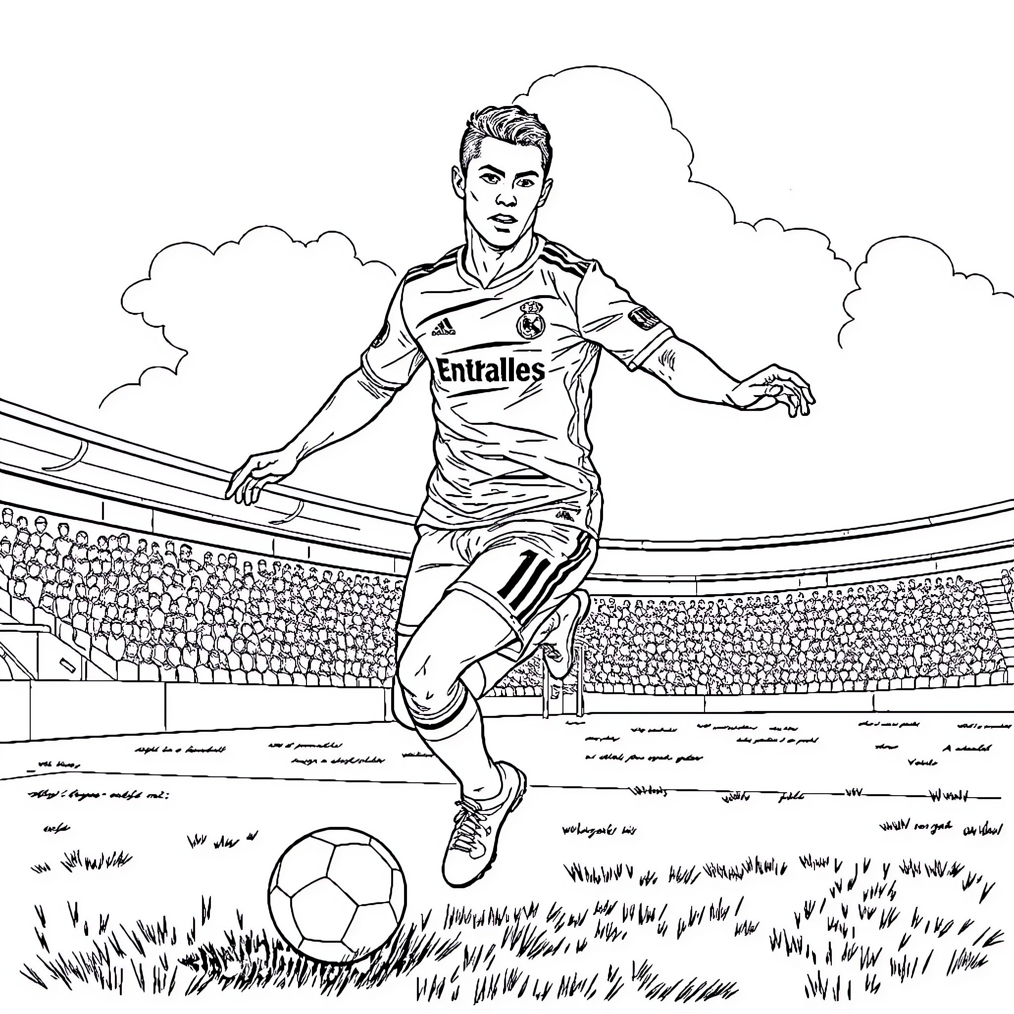 Cristiano Ronaldo playing soccer on the field Coloring Page (free black-and-white line drawing printable PDF for all, from beginners to advanced learners, including children, teens, adults, and seniors)