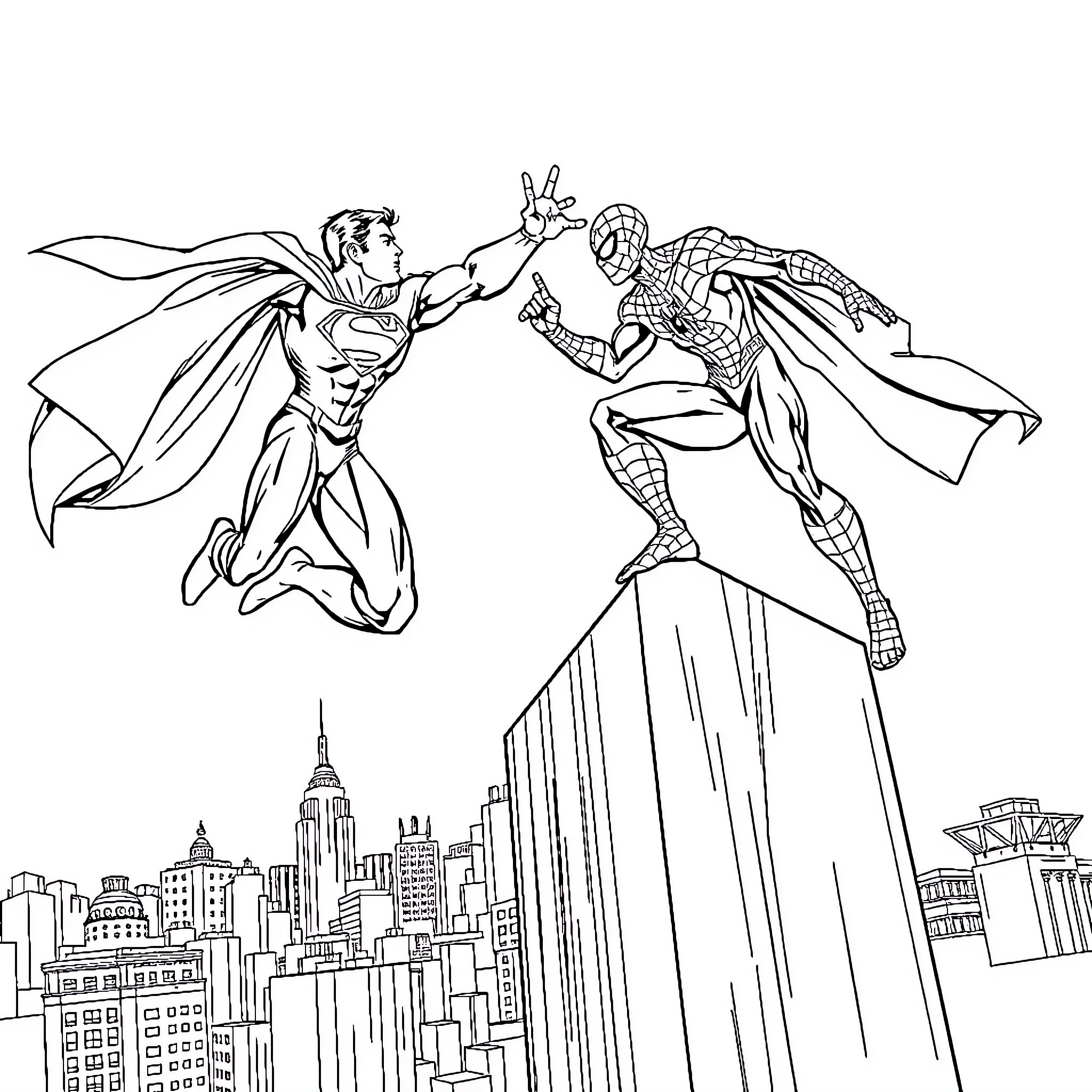 Superman battling a supervillain over the city skyline Coloring Page (free black-and-white line drawing printable PDF for all, from beginners to advanced learners, including children, teens, adults, and seniors)
