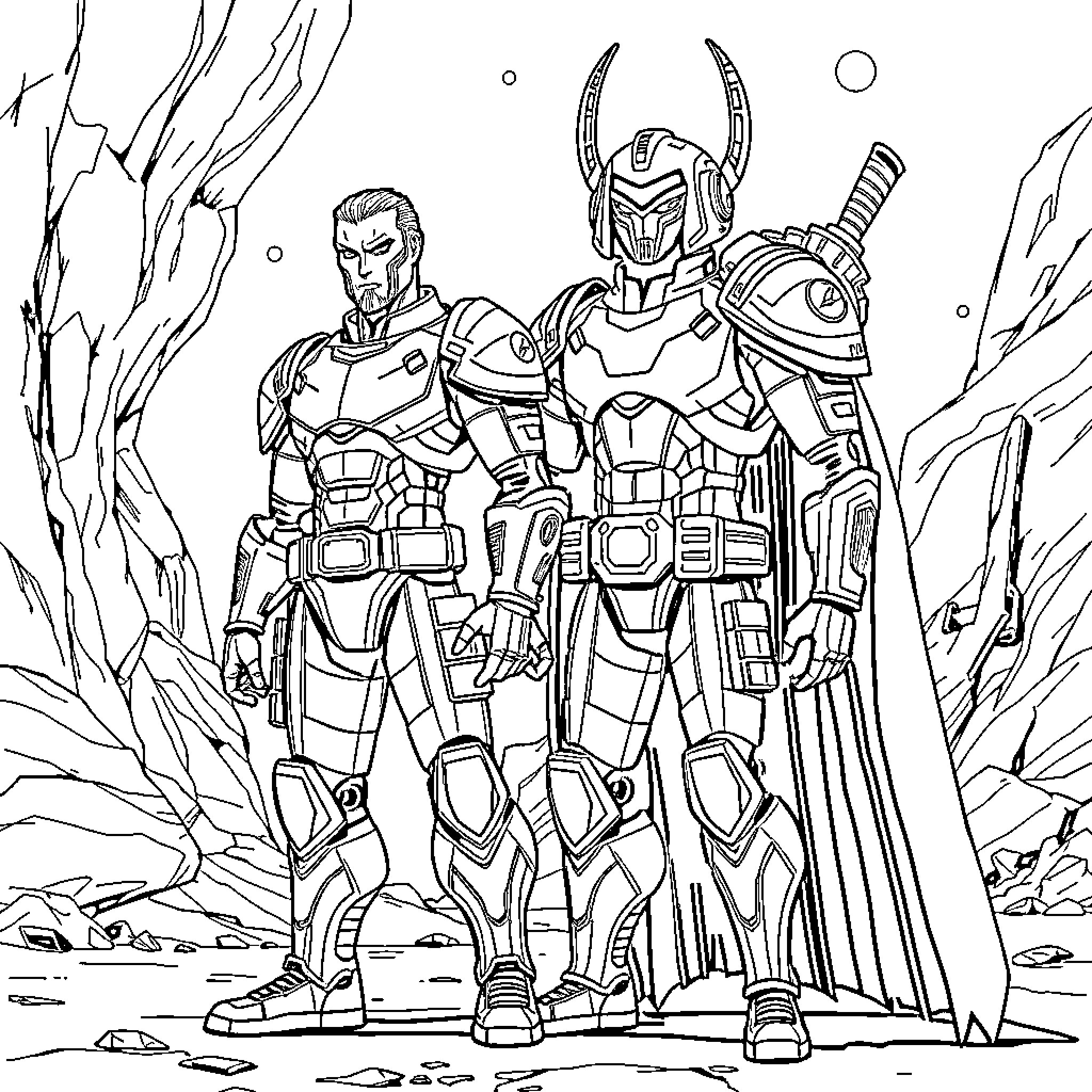 Albator and armored warrior standing in a rocky landscape Coloring Page (free black-and-white line drawing printable PDF for all, from beginners to advanced learners, including children, teens, adults, and seniors)
