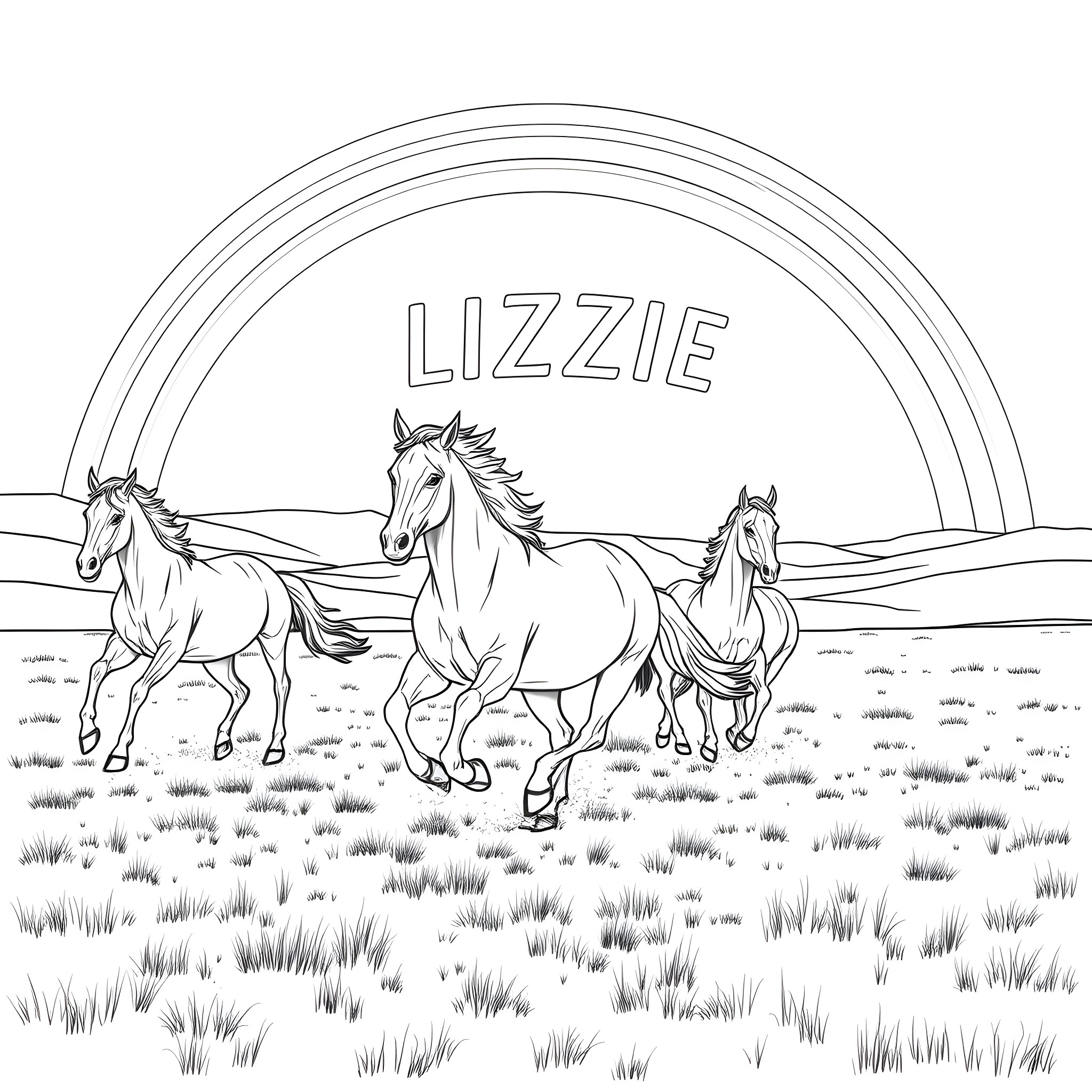 Horse Herd Running on Grassy Field Coloring Page (free black-and-white line drawing printable PDF for all, from beginners to advanced learners, including children, teens, adults, and seniors)