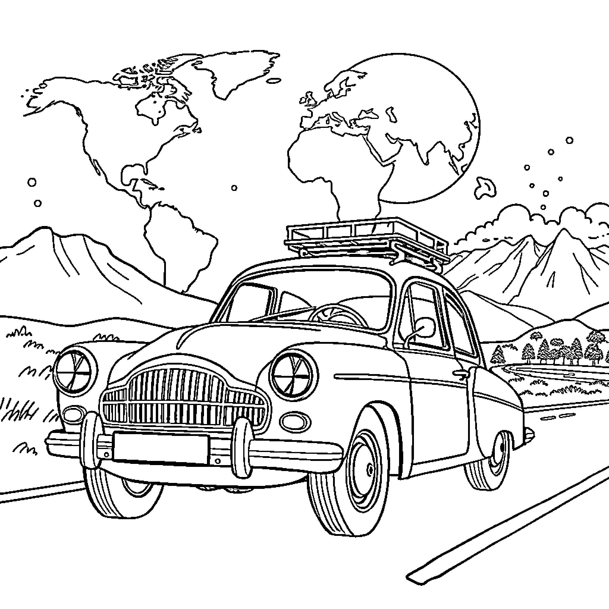 Tatra car exploring the world map in the wilderness Coloring Page (free black-and-white line drawing printable PDF for all, from beginners to advanced learners, including children, teens, adults, and seniors)