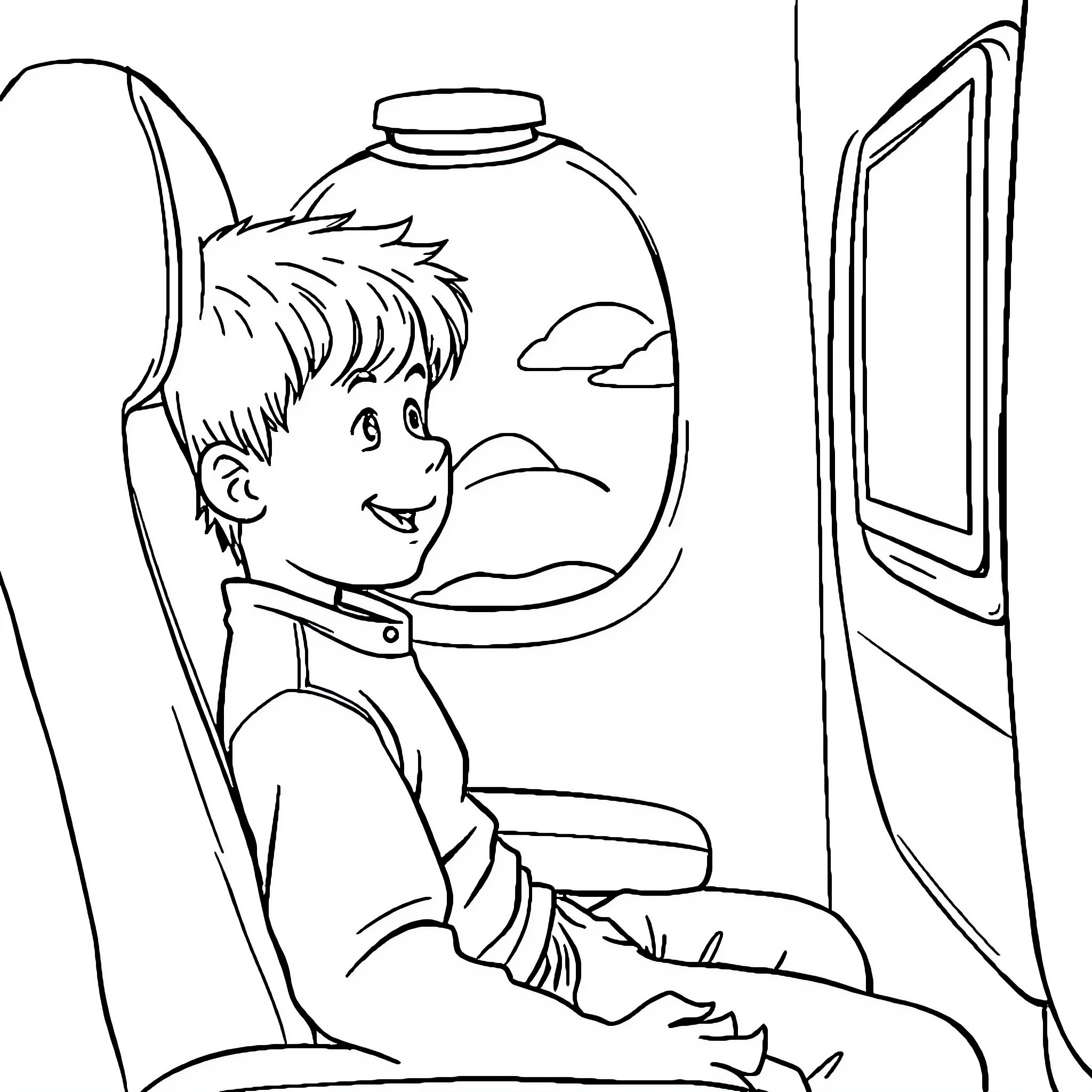 Boy gazing out of airplane window Coloring Page (free black-and-white line drawing printable PDF for all, from beginners to advanced learners, including children, teens, adults, and seniors)