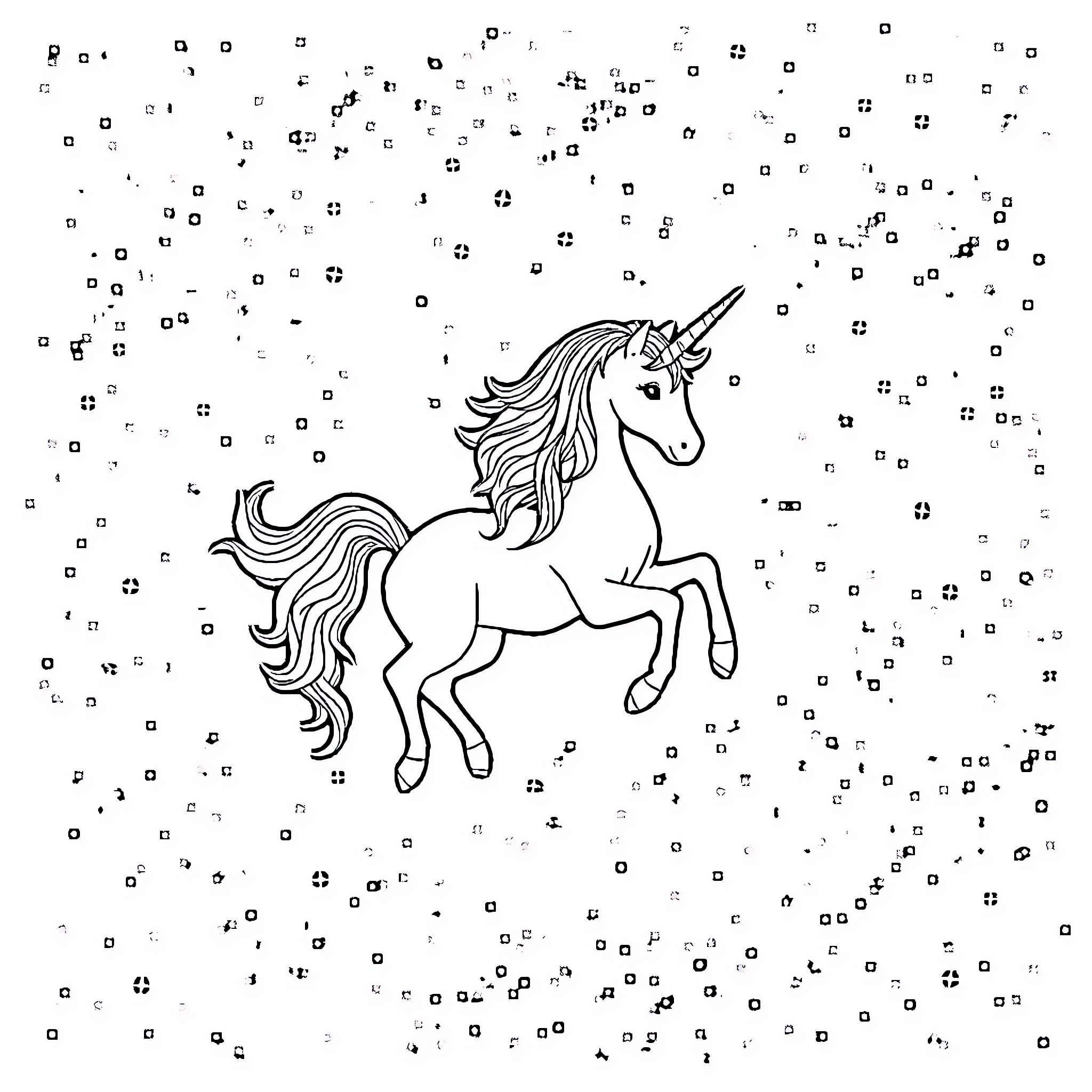 Unicorn galloping gracefully through a starry night Coloring Page (free black-and-white line drawing printable PDF for all, from beginners to advanced learners, including children, teens, adults, and seniors)