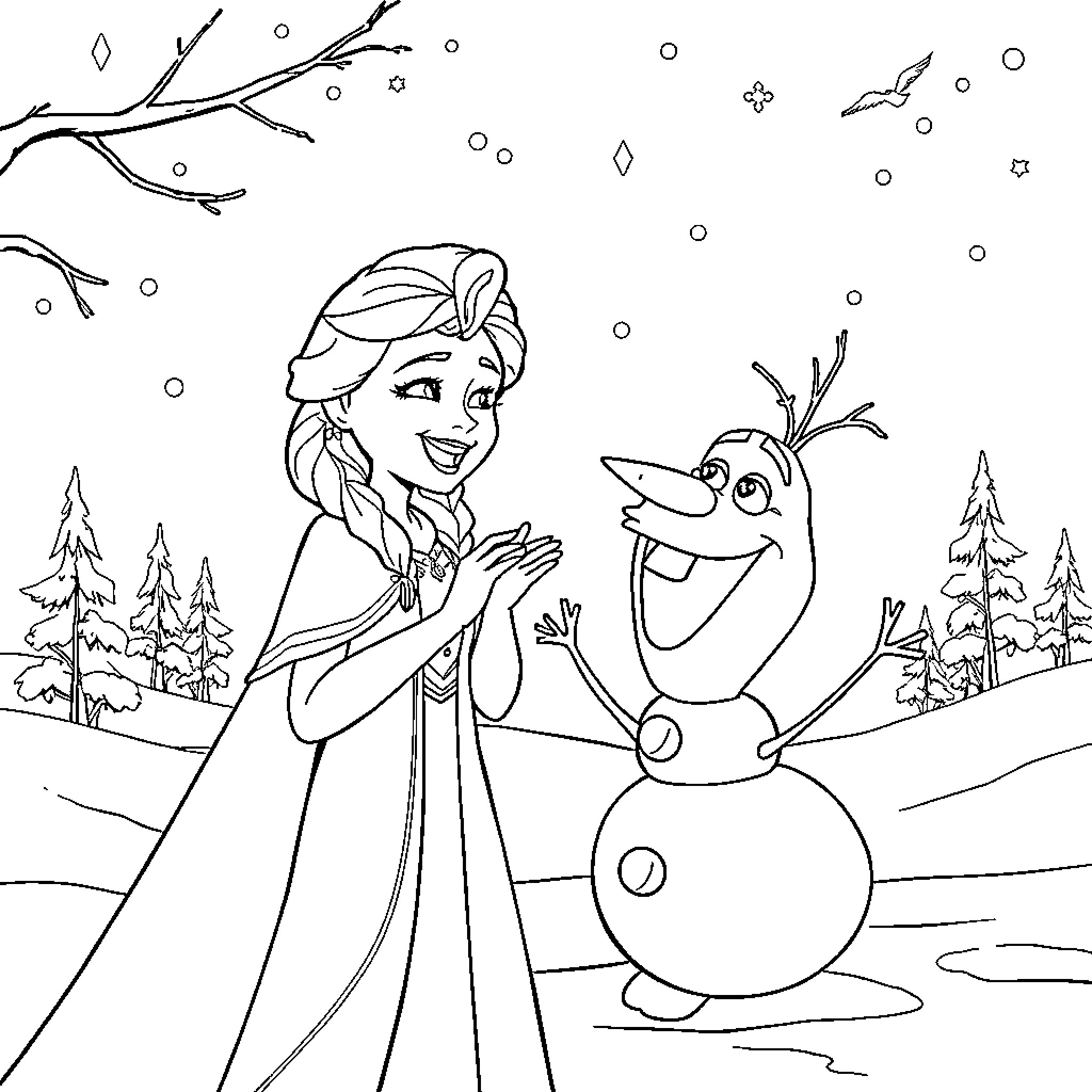 Elsa's Snowy Adventures with Olaf Coloring Page (free black-and-white line drawing printable PDF for all, from beginners to advanced learners, including children, teens, adults, and seniors)