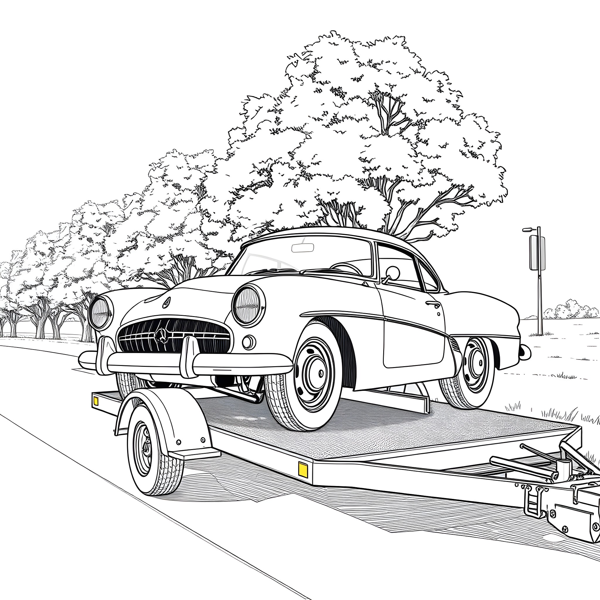 Car being transported on trailer in scenic landscape Coloring Page (free black-and-white line drawing printable PDF for all, from beginners to advanced learners, including children, teens, adults, and seniors)