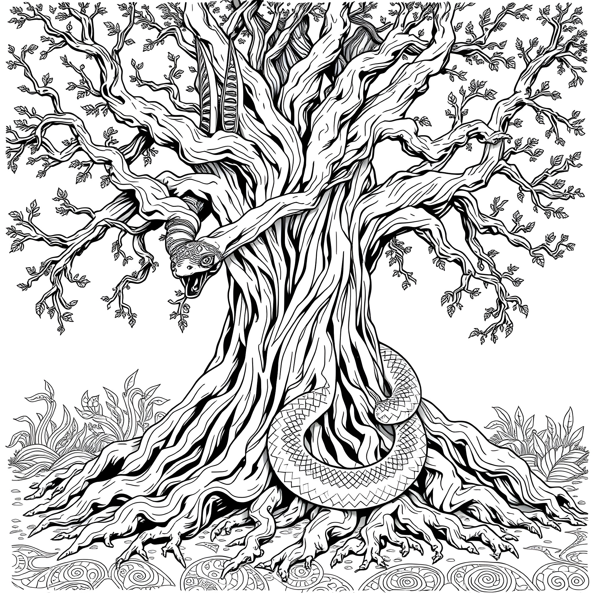 Uktena: Mystical Tree of Life with Serpent Guardian Coloring Page (free black-and-white line drawing printable PDF for all, from beginners to advanced learners, including children, teens, adults, and seniors)