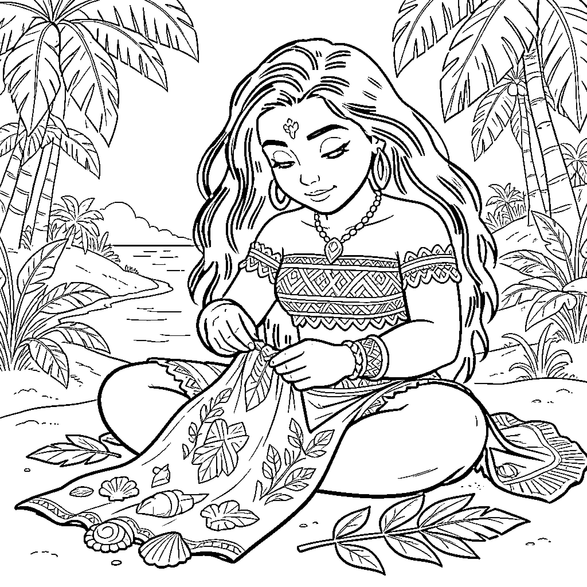 Moana sitting on the beach weaving a patterned cloth Coloring Page (free black-and-white line drawing printable PDF for all, from beginners to advanced learners, including children, teens, adults, and seniors)