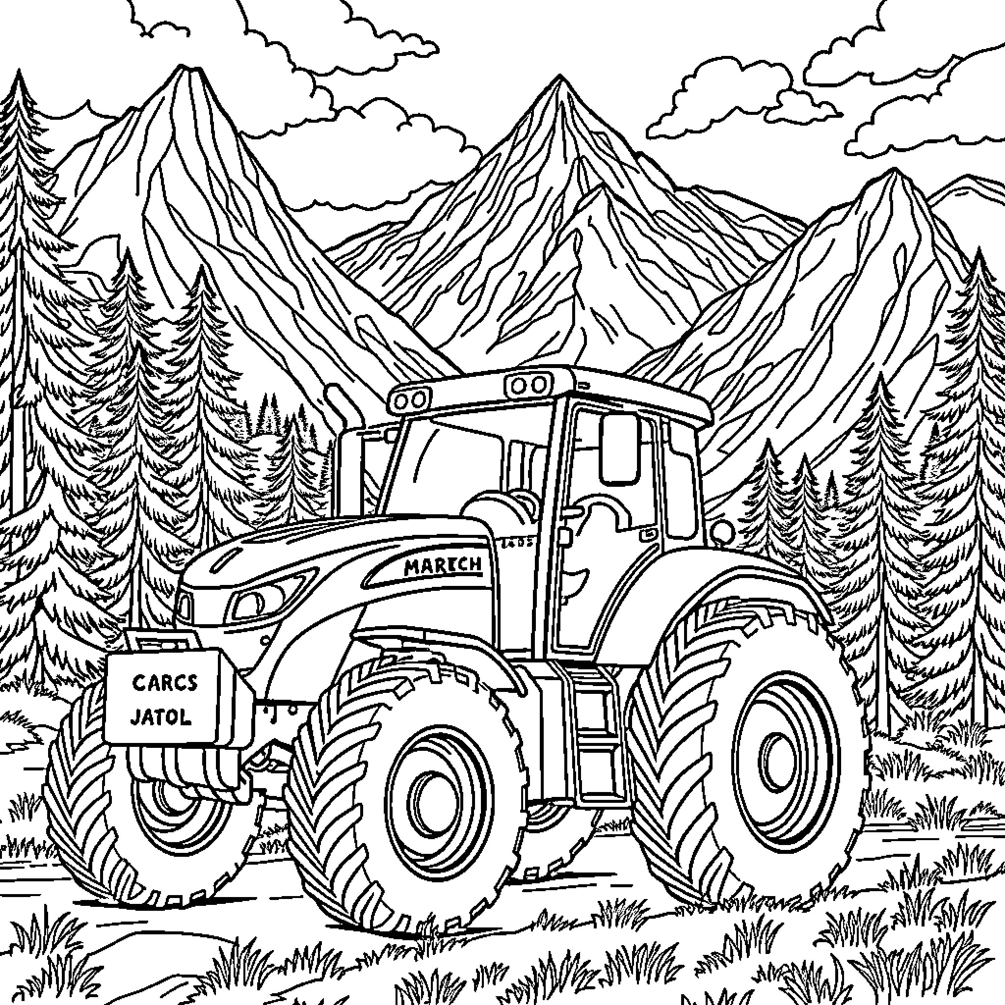 Tractor working in a mountainous landscape Coloring Page (free black-and-white line drawing printable PDF for all, from beginners to advanced learners, including children, teens, adults, and seniors)