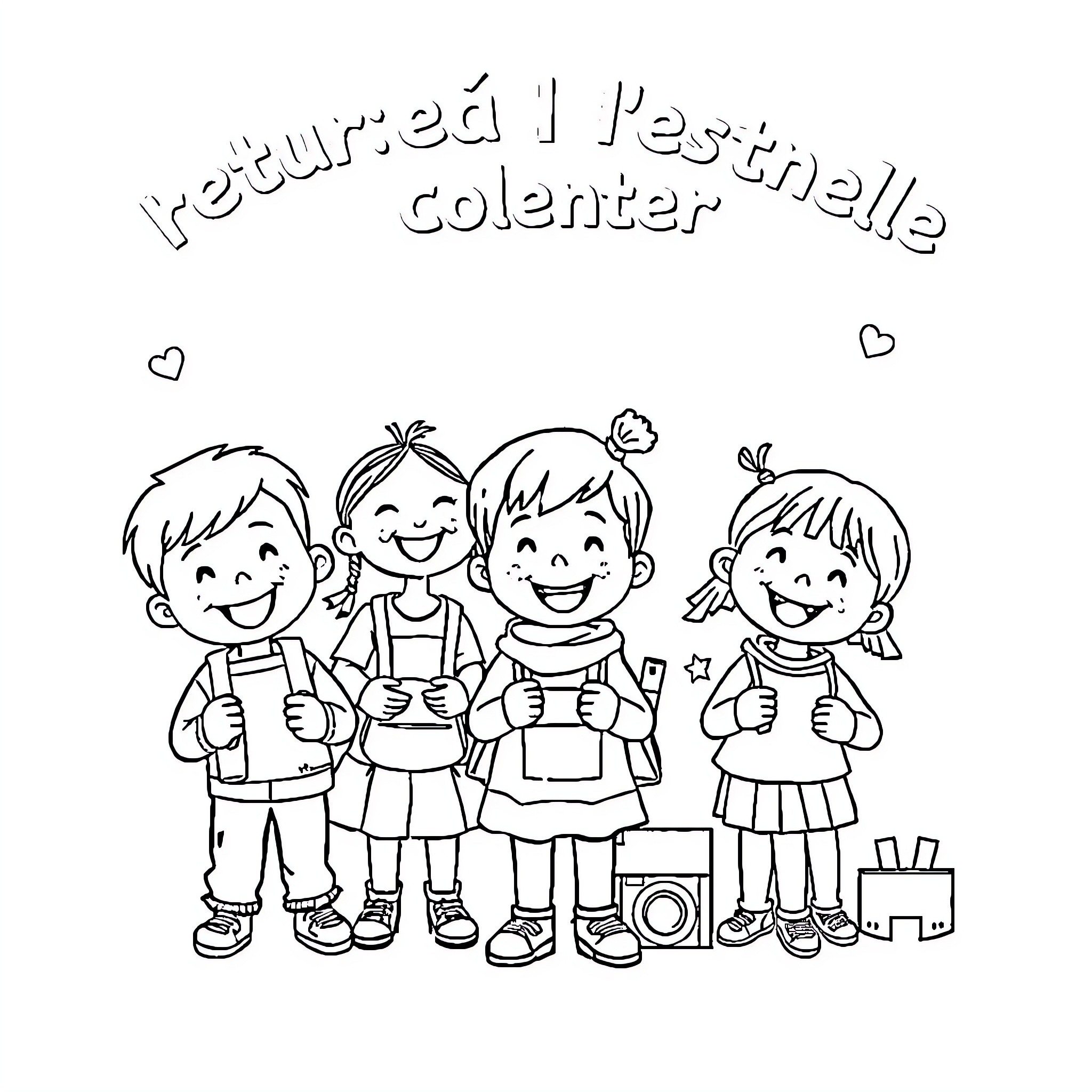 School kids celebrating together happily Coloring Page (free black-and-white line drawing printable PDF for all, from beginners to advanced learners, including children, teens, adults, and seniors)