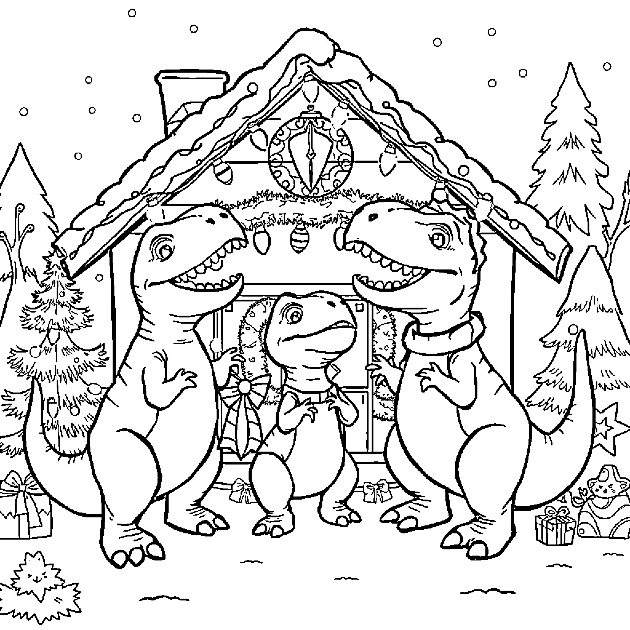 T-Rex Family Celebrating Winter Holidays Coloring Page (free black-and-white line drawing printable PDF for all, from beginners to advanced learners, including children, teens, adults, and seniors)