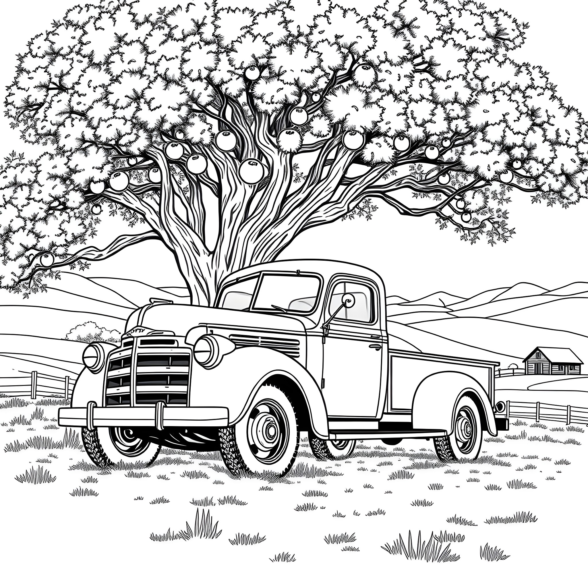 Truck under a blossoming tree in the countryside Coloring Page (free black-and-white line drawing printable PDF for all, from beginners to advanced learners, including children, teens, adults, and seniors)