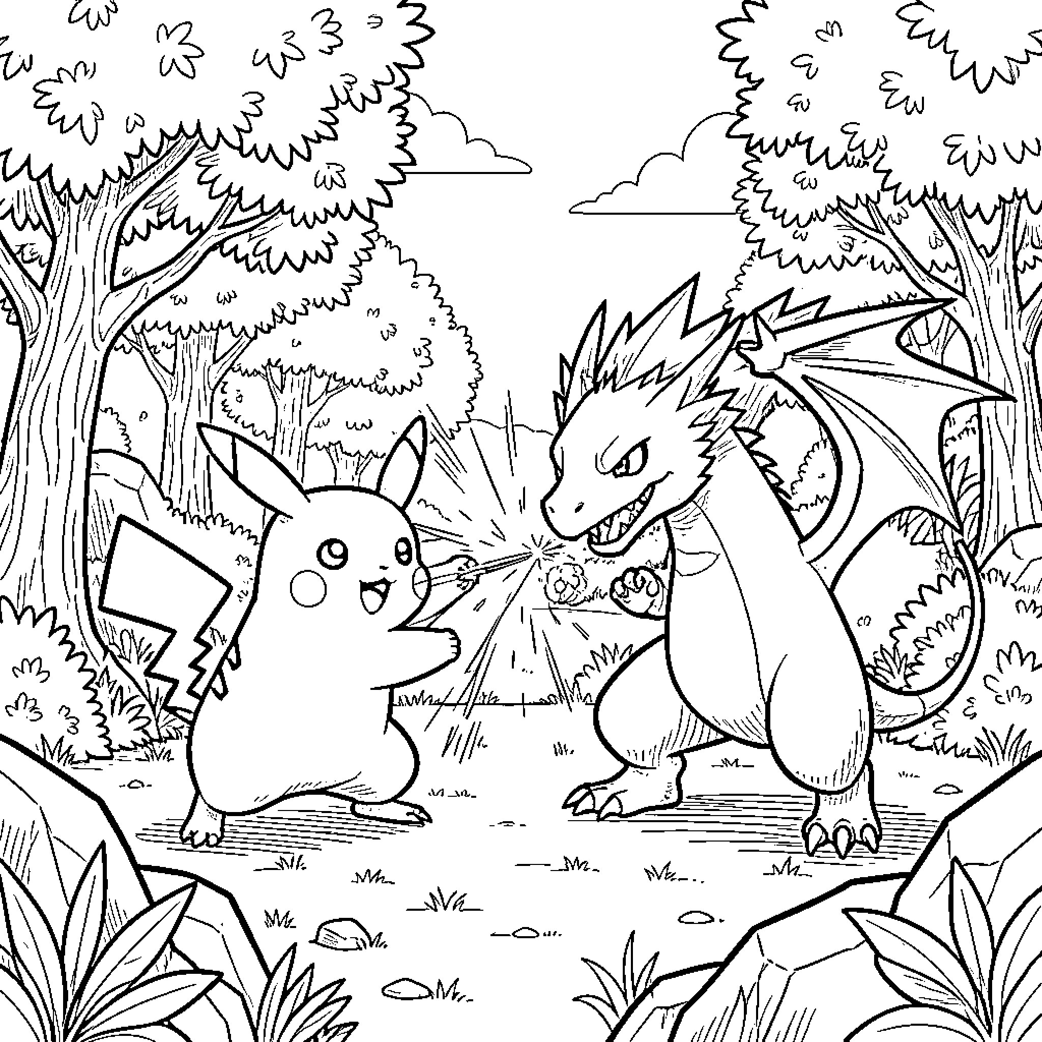 Pikachu battling a dragon in a forest scene Coloring Page (free black-and-white line drawing printable PDF for all, from beginners to advanced learners, including children, teens, adults, and seniors)