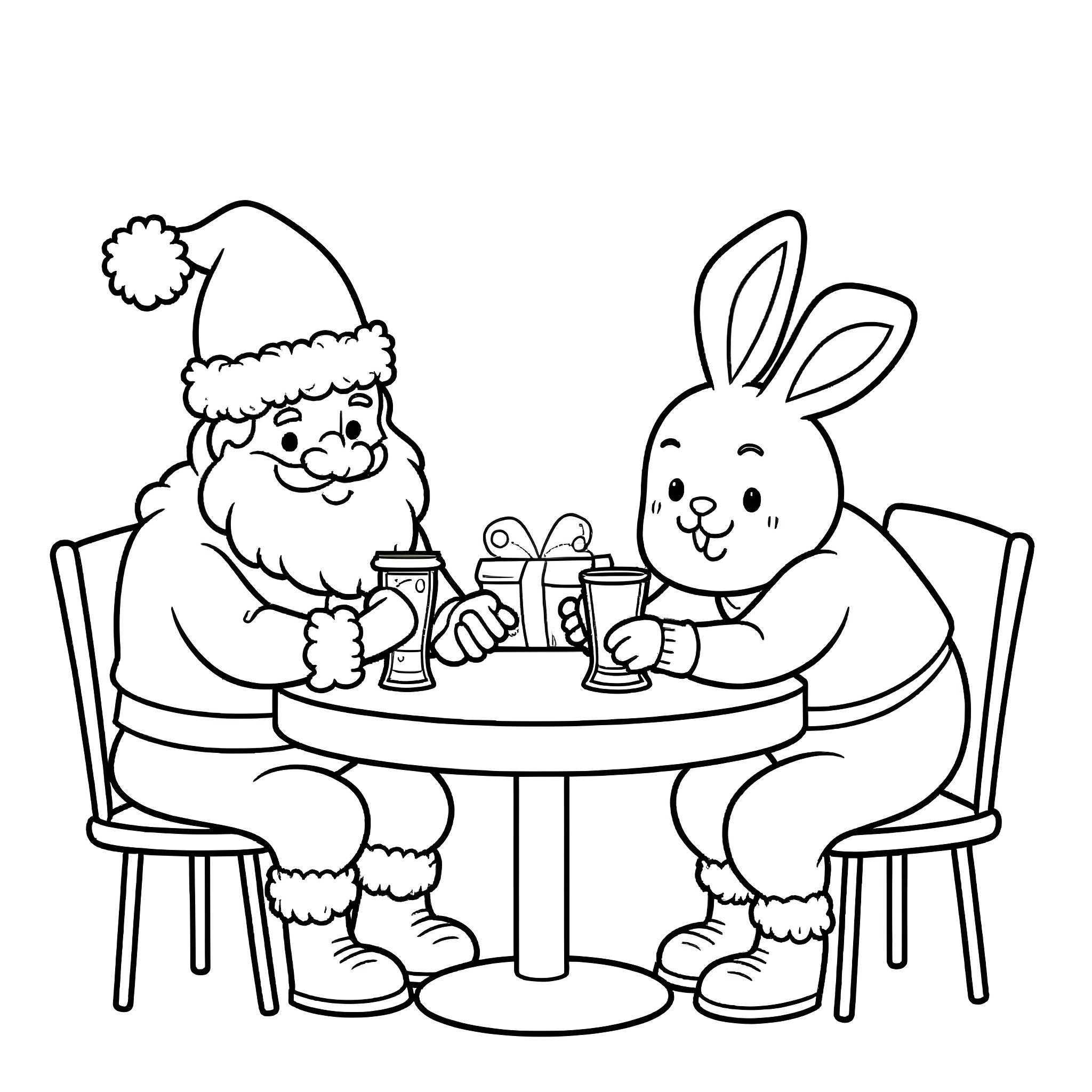 Santa Claus and Bunny Enjoying Drinks Together Coloring Page (free black-and-white line drawing printable PDF for all, from beginners to advanced learners, including children, teens, adults, and seniors)