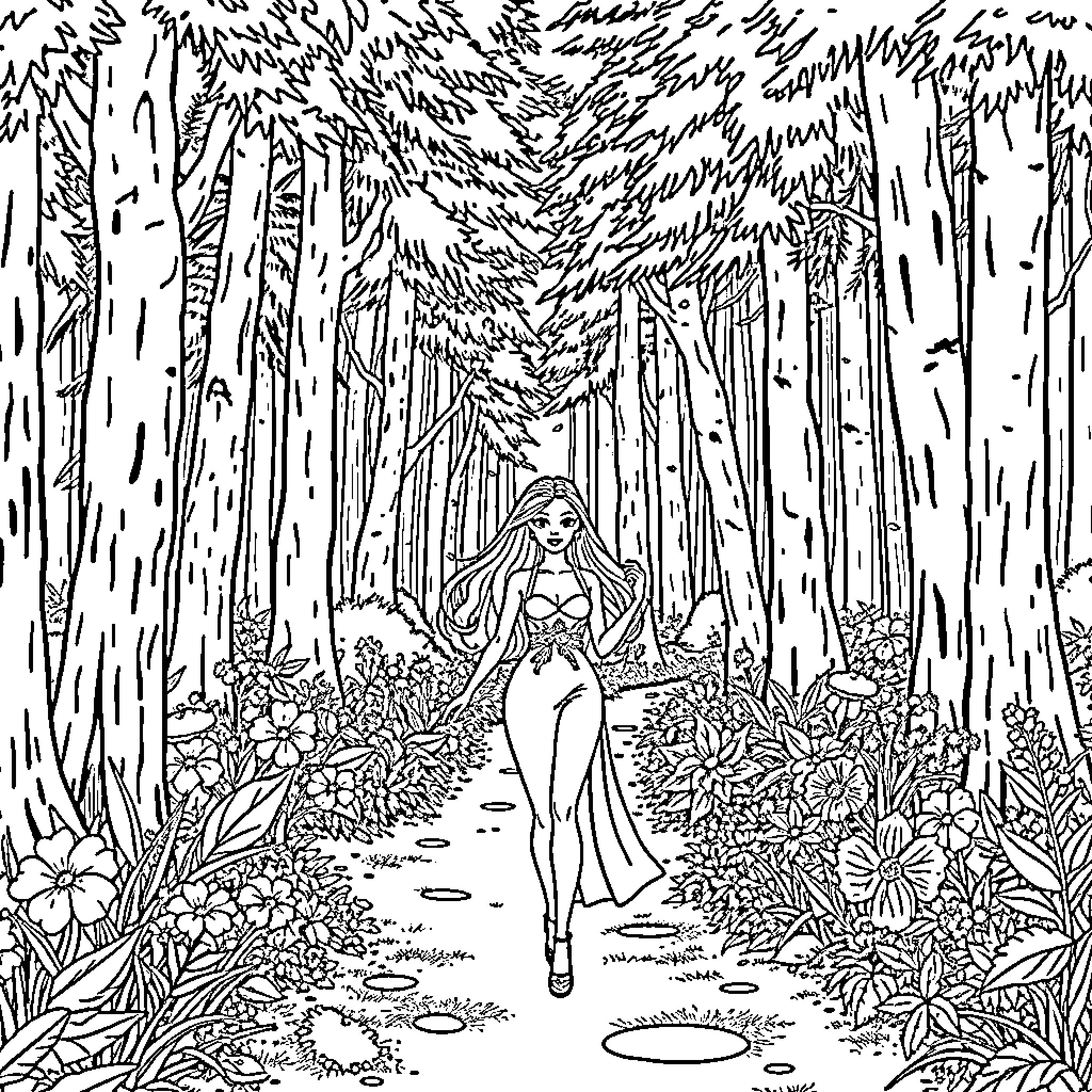 Barbie exploring the enchanted forest Coloring Page (free black-and-white line drawing printable PDF for all, from beginners to advanced learners, including children, teens, adults, and seniors)