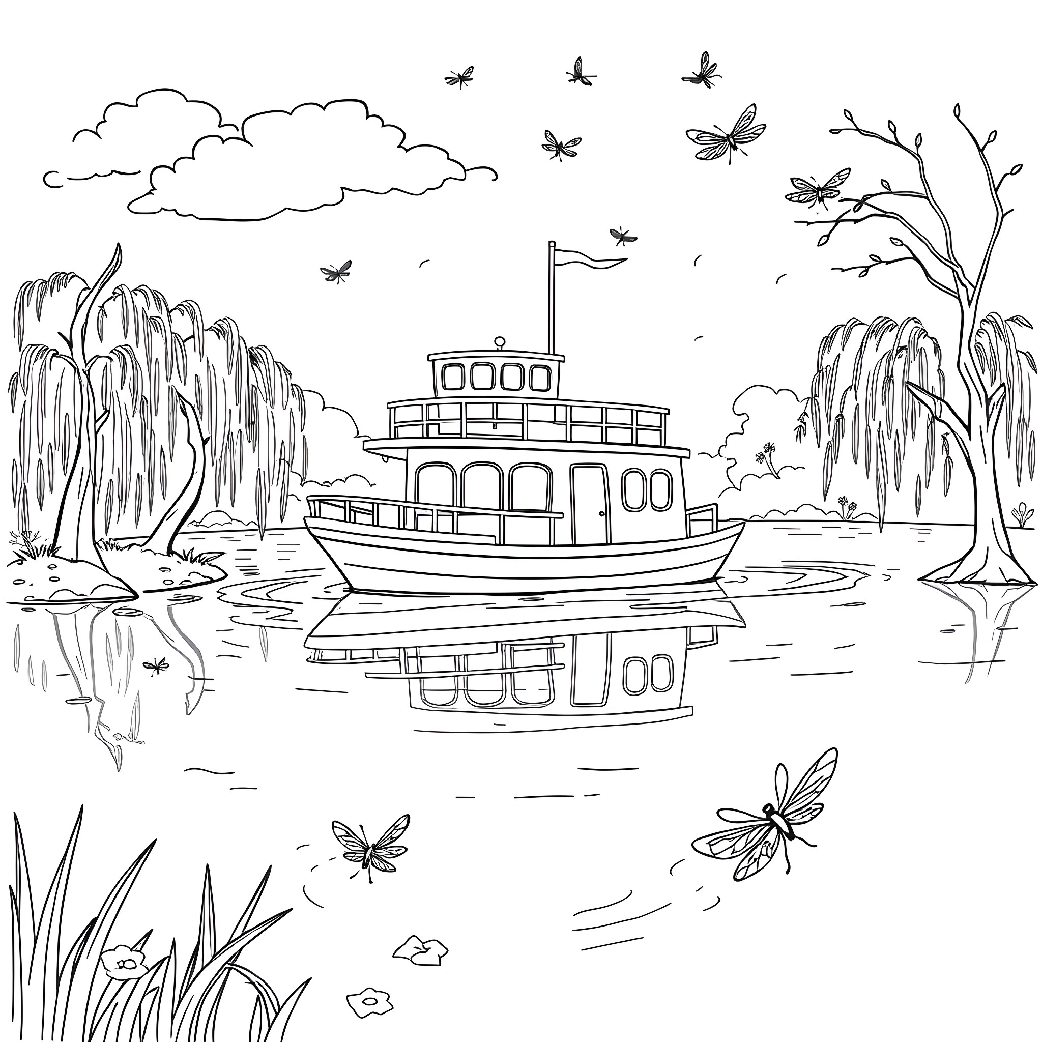 Ferry crossing tranquil river with willow trees Coloring Page (free black-and-white line drawing printable PDF for all, from beginners to advanced learners, including children, teens, adults, and seniors)