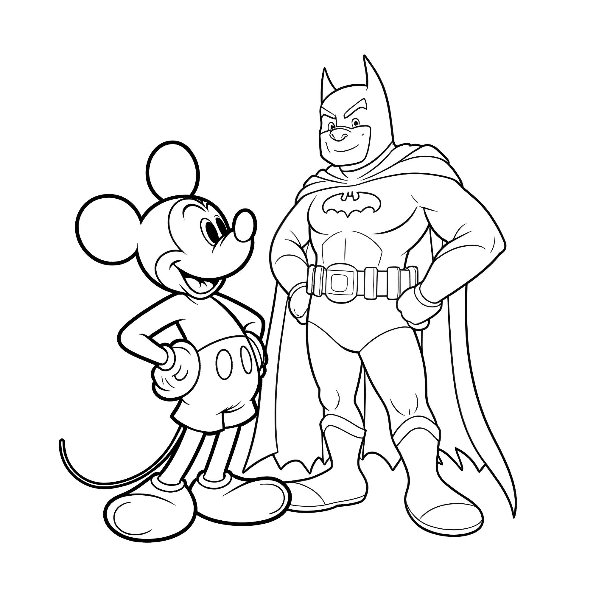 Walt Disney's Mickey Mouse and Batman together Coloring Page (free black-and-white line drawing printable PDF for all, from beginners to advanced learners, including children, teens, adults, and seniors)