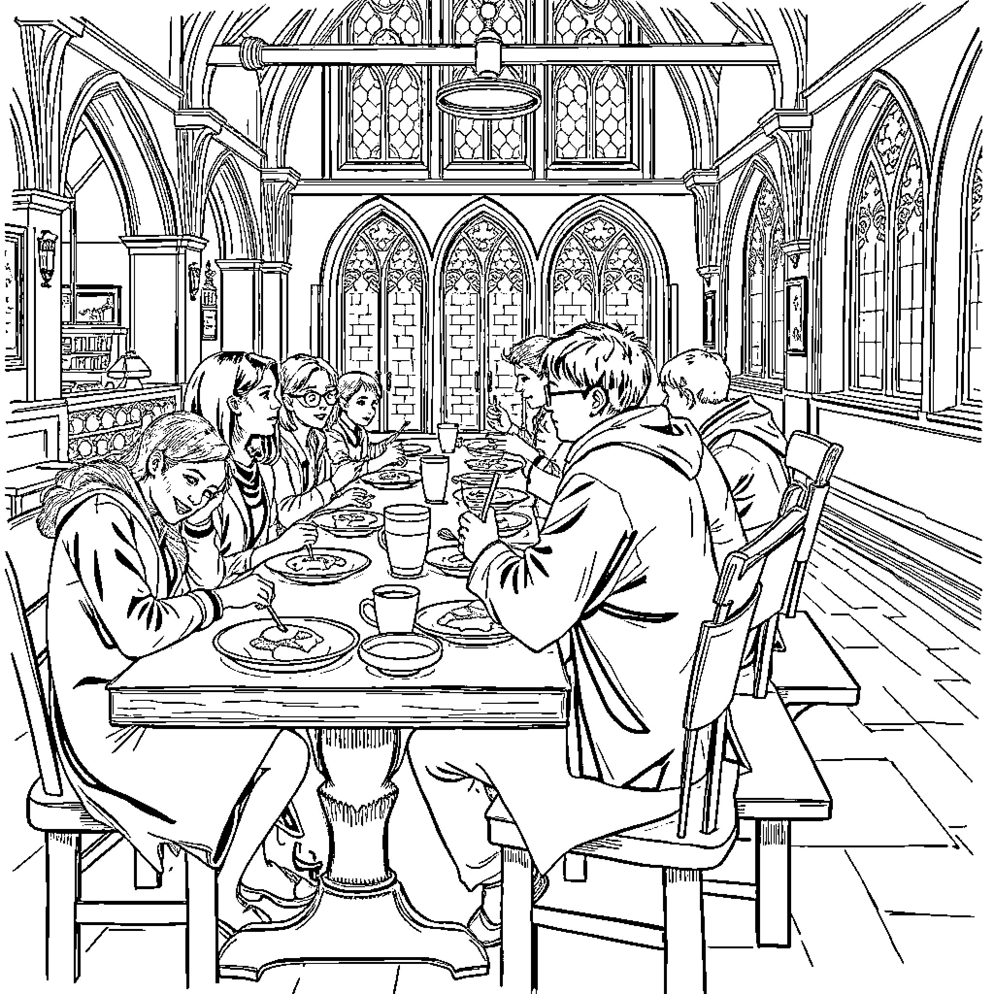 Students Enjoying Meal in Ornate Dining Hall Coloring Page (free black-and-white line drawing printable PDF for all, from beginners to advanced learners, including children, teens, adults, and seniors)