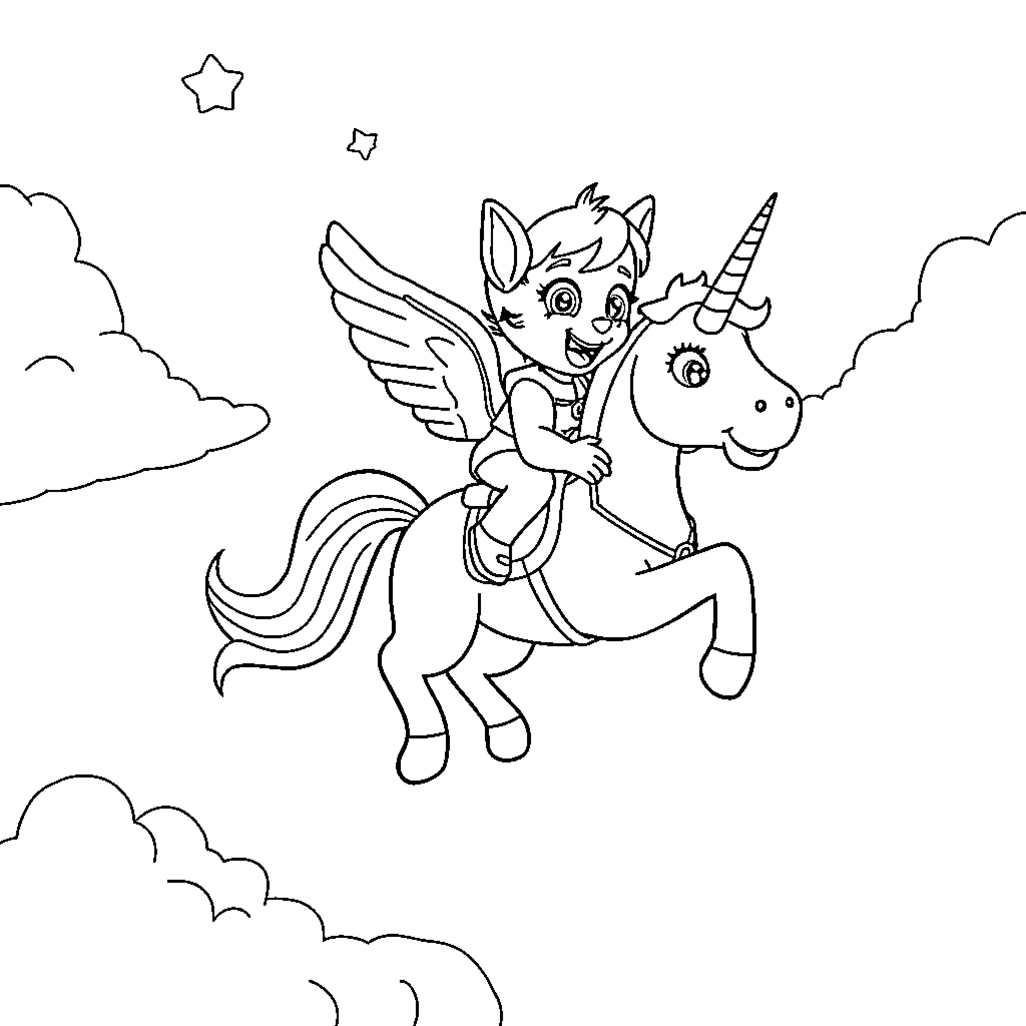 Sky Unicorn riding a winged horse among the clouds Coloring Page (free black-and-white line drawing printable PDF for all, from beginners to advanced learners, including children, teens, adults, and seniors)