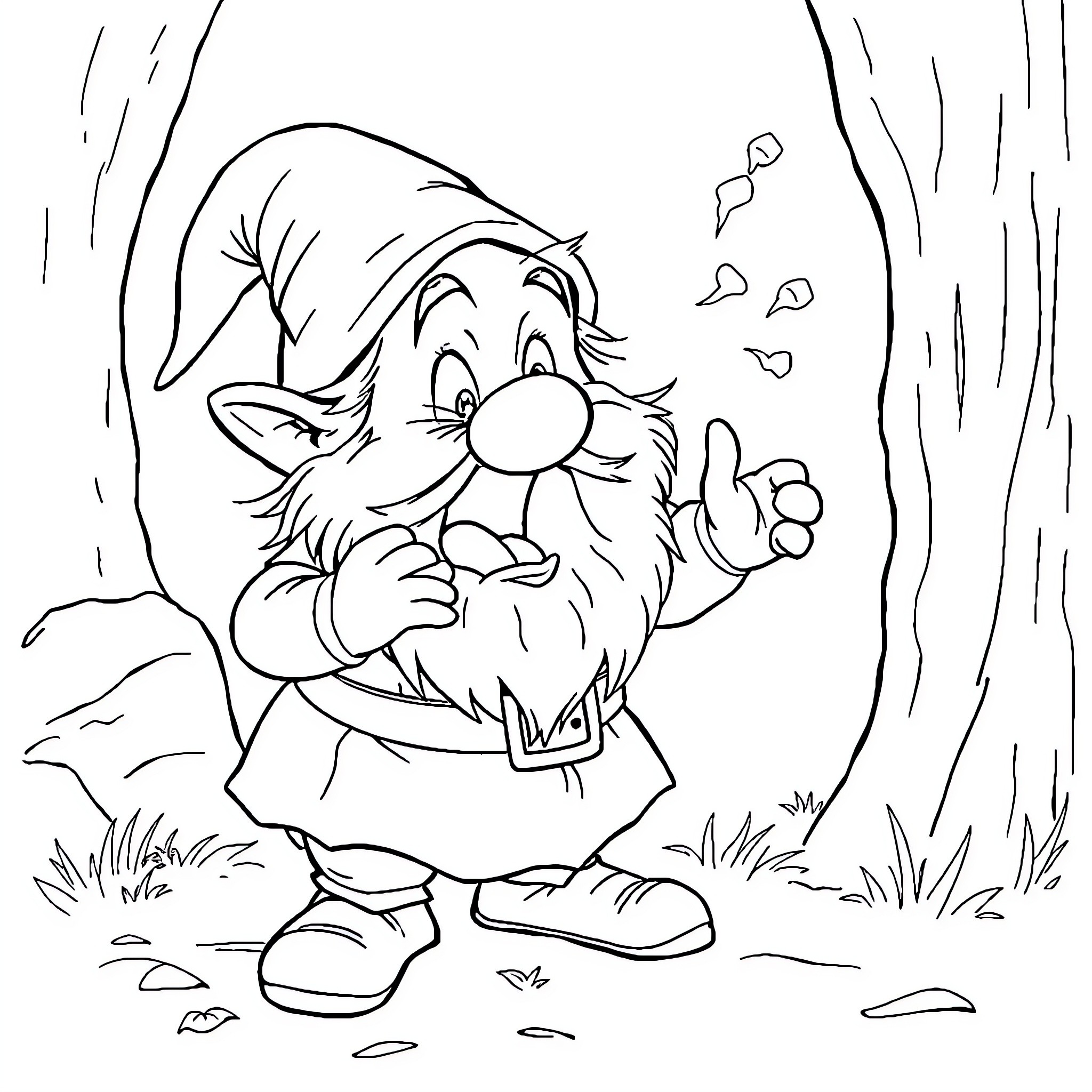 Dwarf Happily Blowing Dandelions in the Woods Coloring Page (free black-and-white line drawing printable PDF for all, from beginners to advanced learners, including children, teens, adults, and seniors)