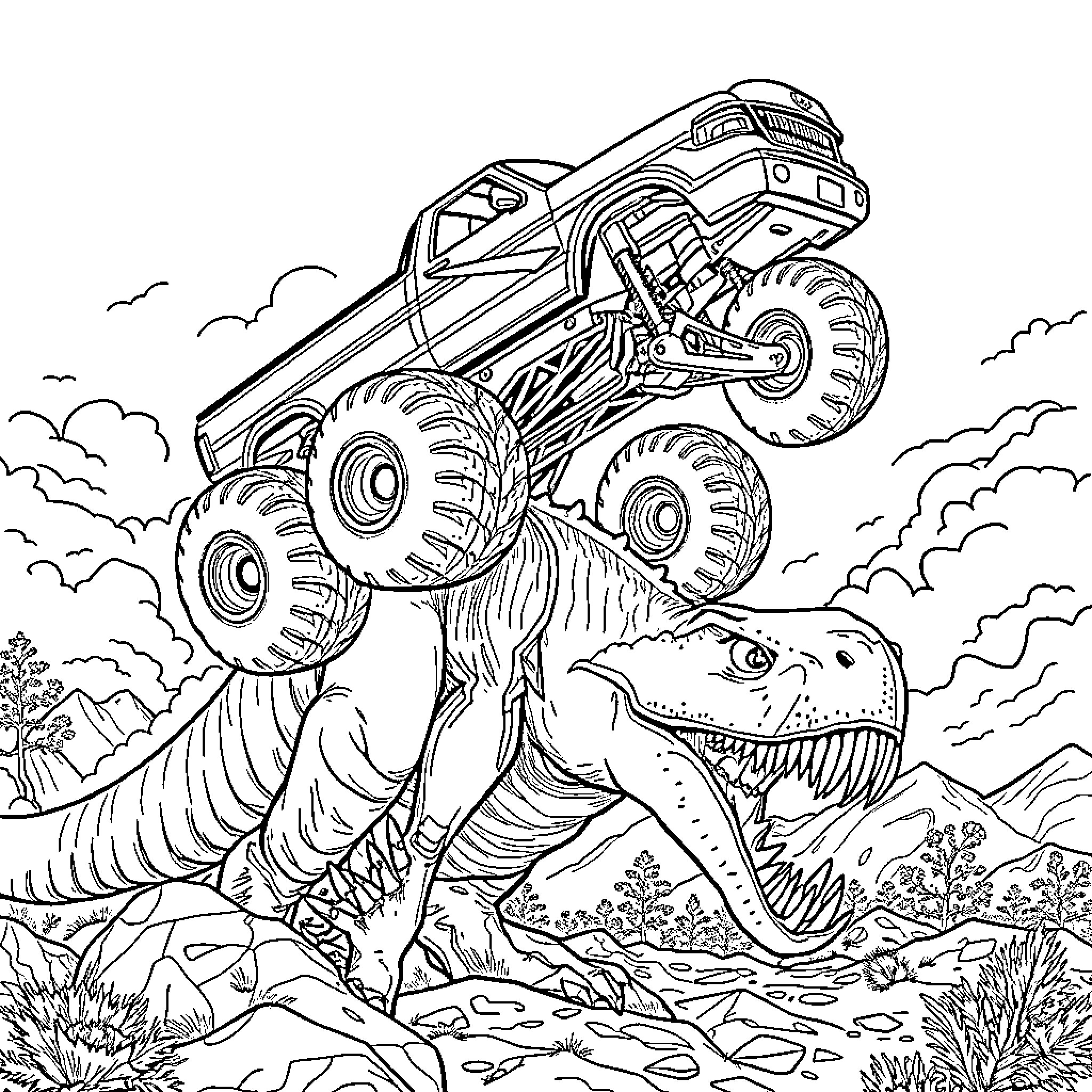 Monster Truck Crushing Dinosaurs in Prehistoric Landscape Coloring Page (free black-and-white line drawing printable PDF for all, from beginners to advanced learners, including children, teens, adults, and seniors)