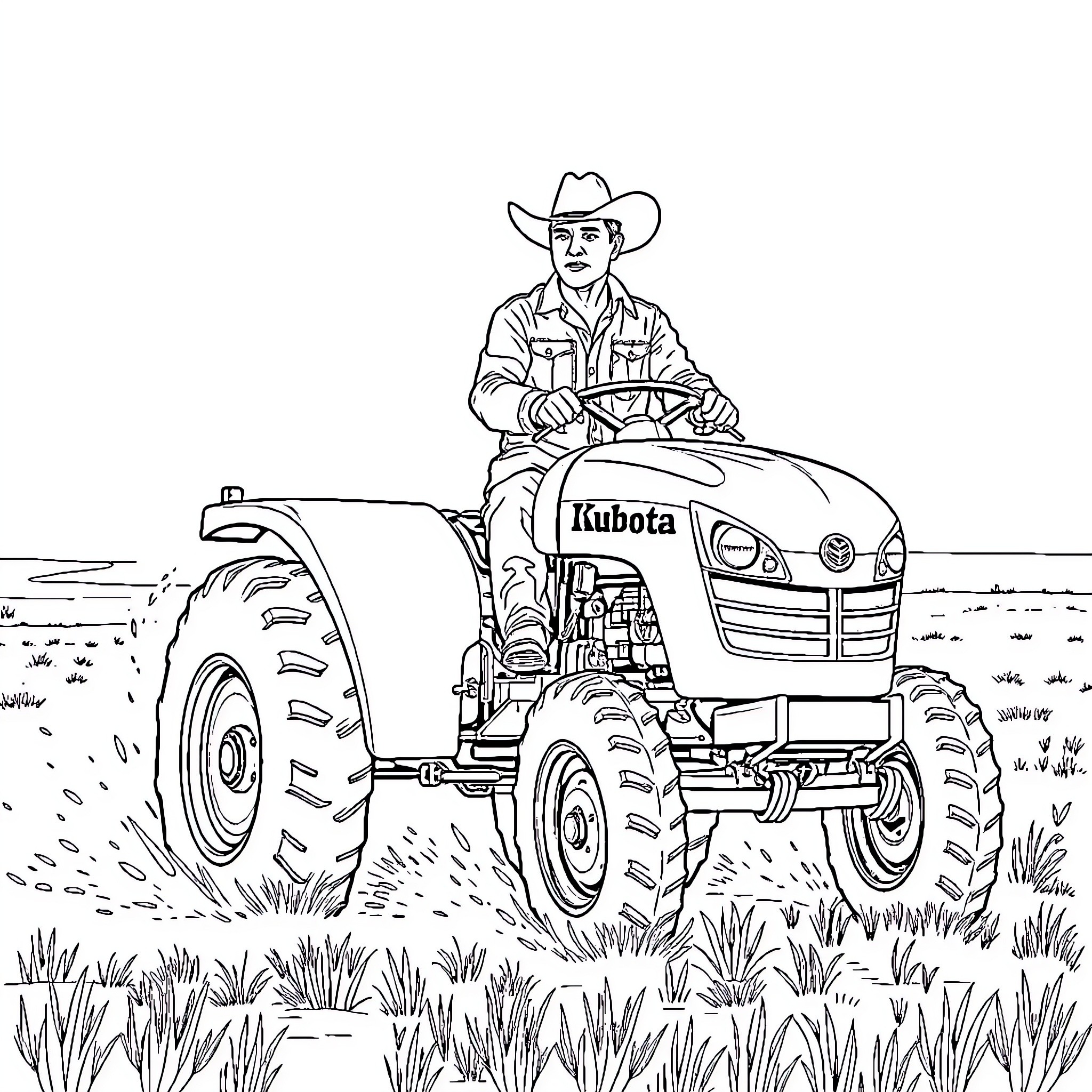 Cowboy riding Kubota tractor through rural landscape Coloring Page (free black-and-white line drawing printable PDF for all, from beginners to advanced learners, including children, teens, adults, and seniors)