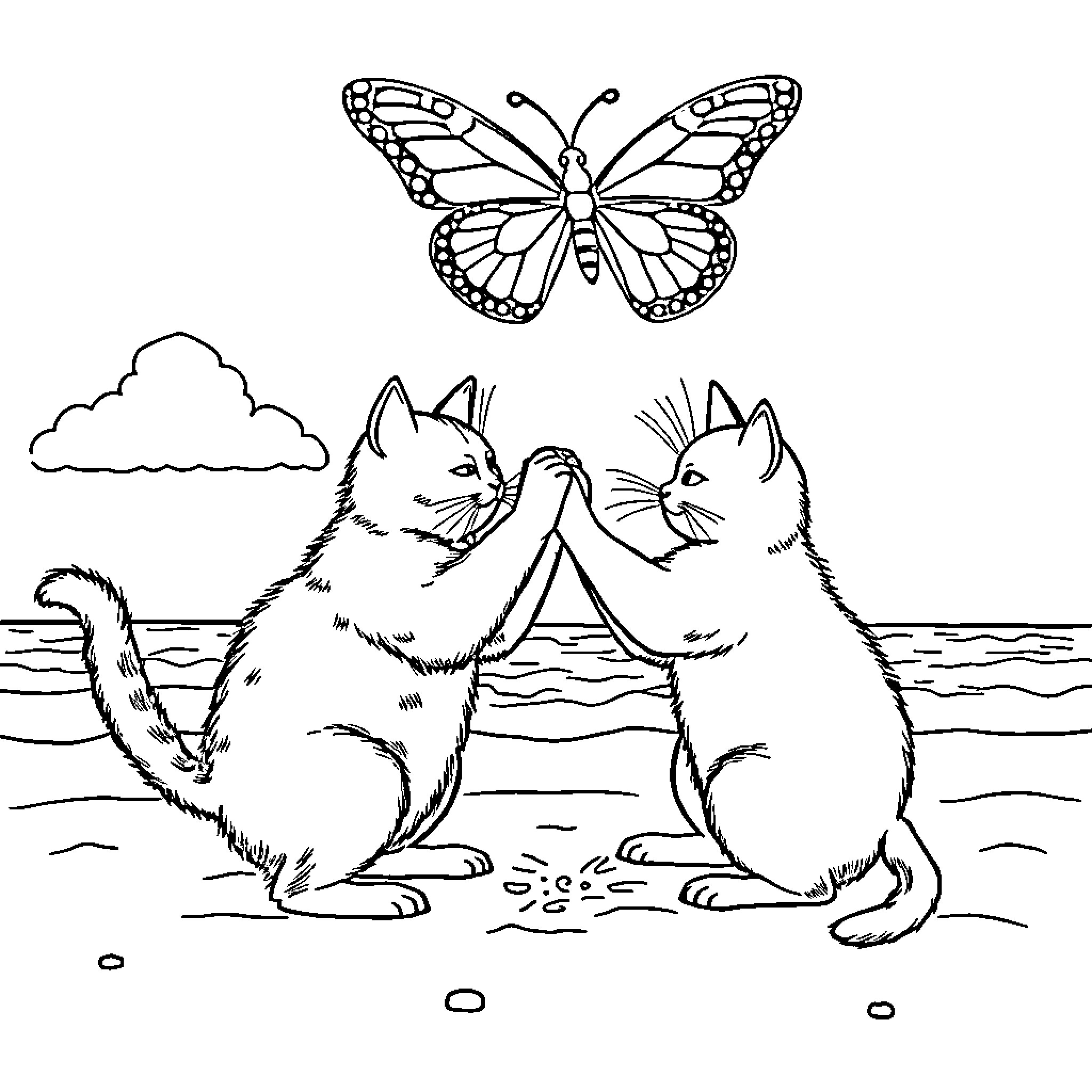 Cats playing together near the beach with butterfly Coloring Page (free black-and-white line drawing printable PDF for all, from beginners to advanced learners, including children, teens, adults, and seniors)