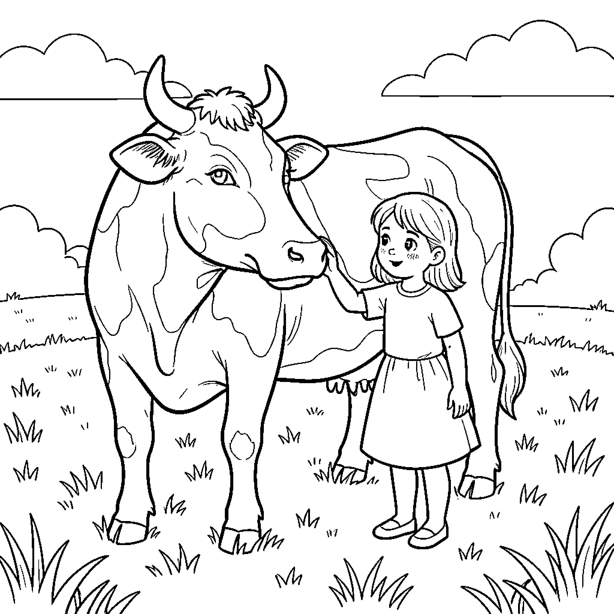 Cow and Young Girl in Pastoral Scene Coloring Page (free black-and-white line drawing printable PDF for all, from beginners to advanced learners, including children, teens, adults, and seniors)