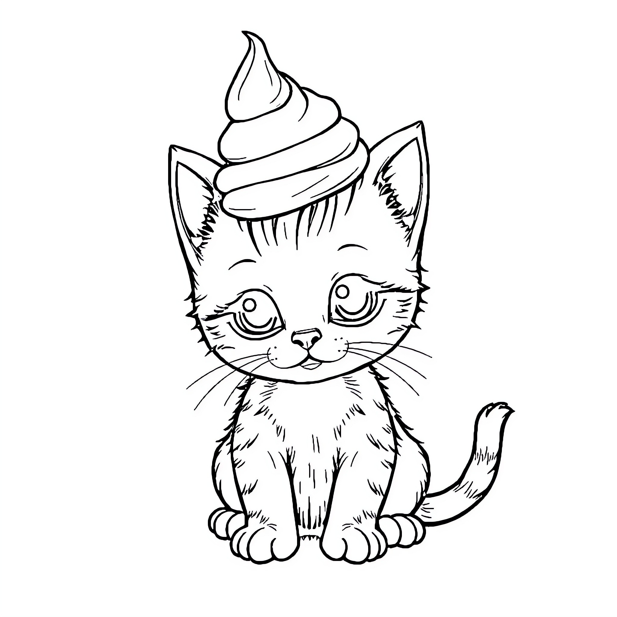 Kitten with Whimsical Cupcake Topping Coloring Page (free black-and-white line drawing printable PDF for all, from beginners to advanced learners, including children, teens, adults, and seniors)