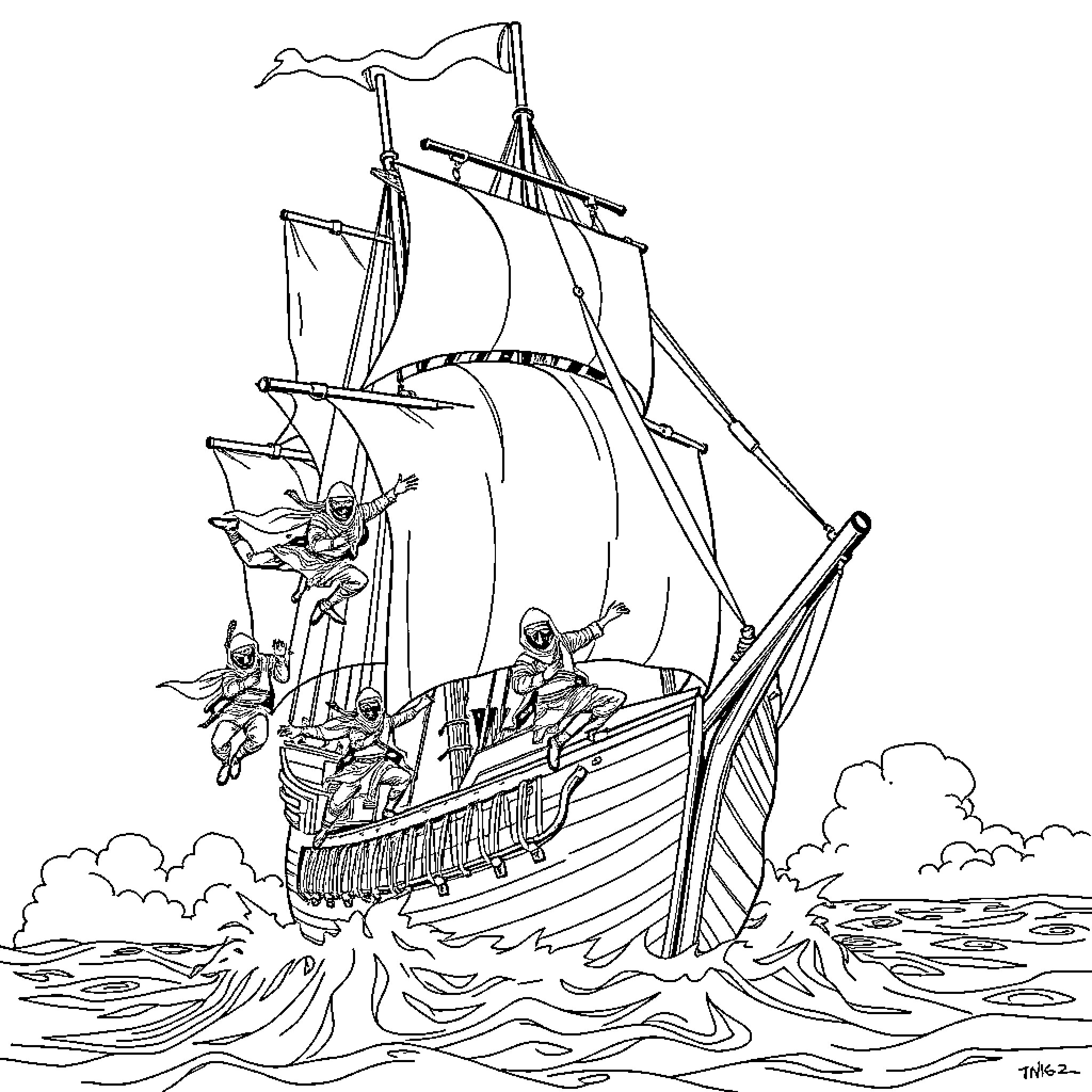 Ninja warriors aboard a stormy sailing ship Coloring Page (free black-and-white line drawing printable PDF for all, from beginners to advanced learners, including children, teens, adults, and seniors)