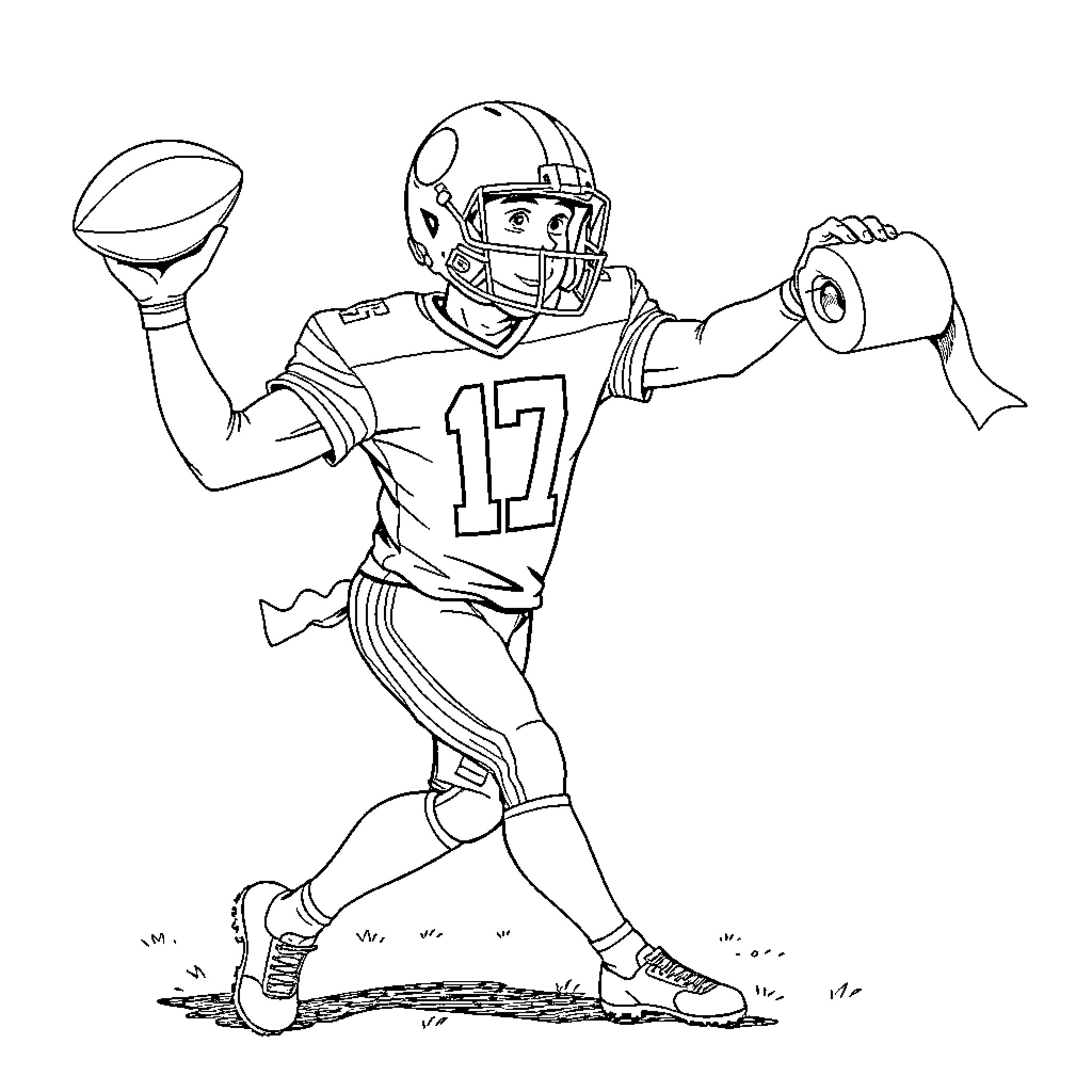 Football Player Celebrating Touchdown Victory Coloring Page (free black-and-white line drawing printable PDF for all, from beginners to advanced learners, including children, teens, adults, and seniors)
